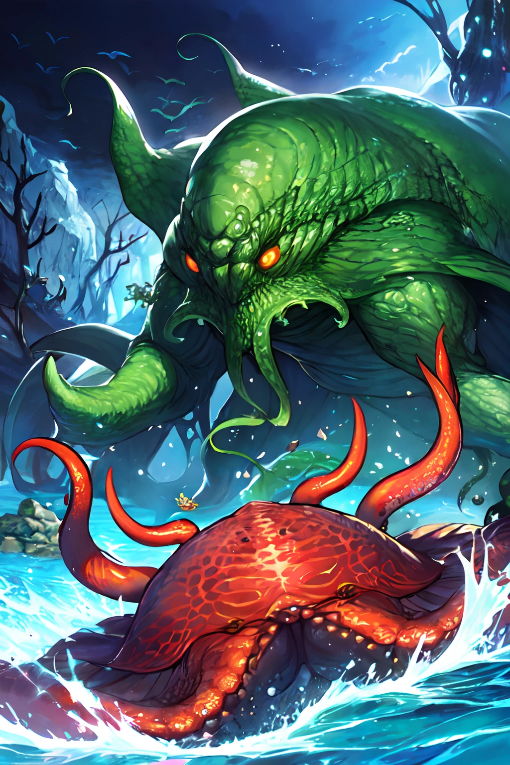 Cthulhu,Monster,Fish,tentaculata,Dark forest,Recife,Small rivers,A huge crab full of tentacles