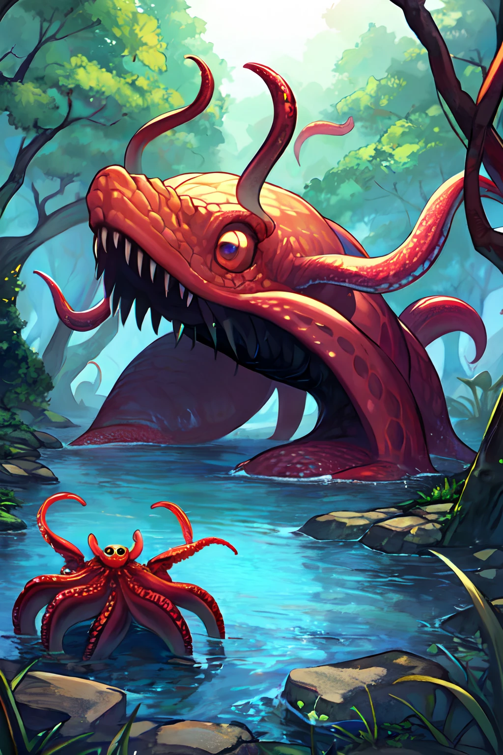 Cthulhu,Monster,Fish,tentaculata，Dark forest，Recife，Small rivers，A huge crab full of tentacles