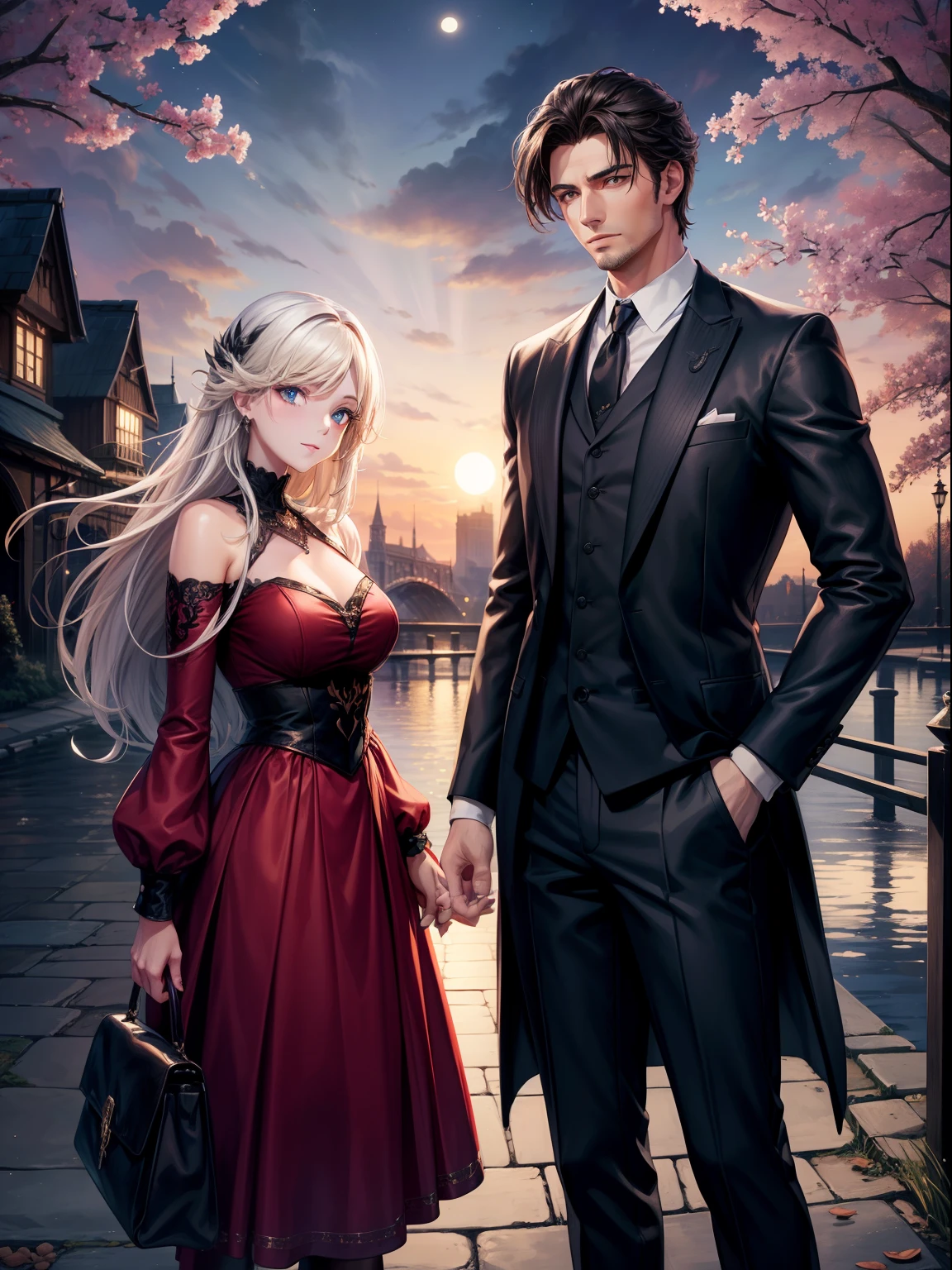 A handsome man and a beautiful woman,Meet at the Magpie Bridge under the moonlit night,HD graphics