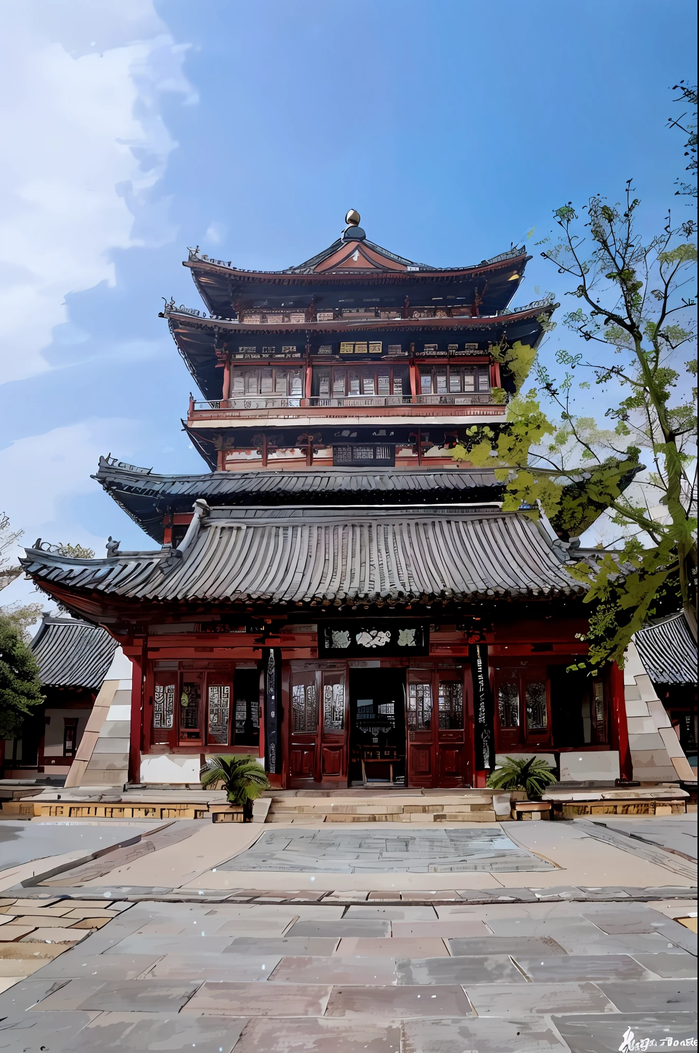 Close-up of the building,There is a tree in front, Ancient Chinese architecture, Chinese architecture, Chinese style buildings, Tang Dynasty Palace, Taoist temples and monks, large temples, chinese temple, Chinese palaces, buddhist temple, A temple, heise jinyao, ancien chinese tower, qiangshu, jin shan, with ancient chinese aesthetic, Temple, Beautiful image