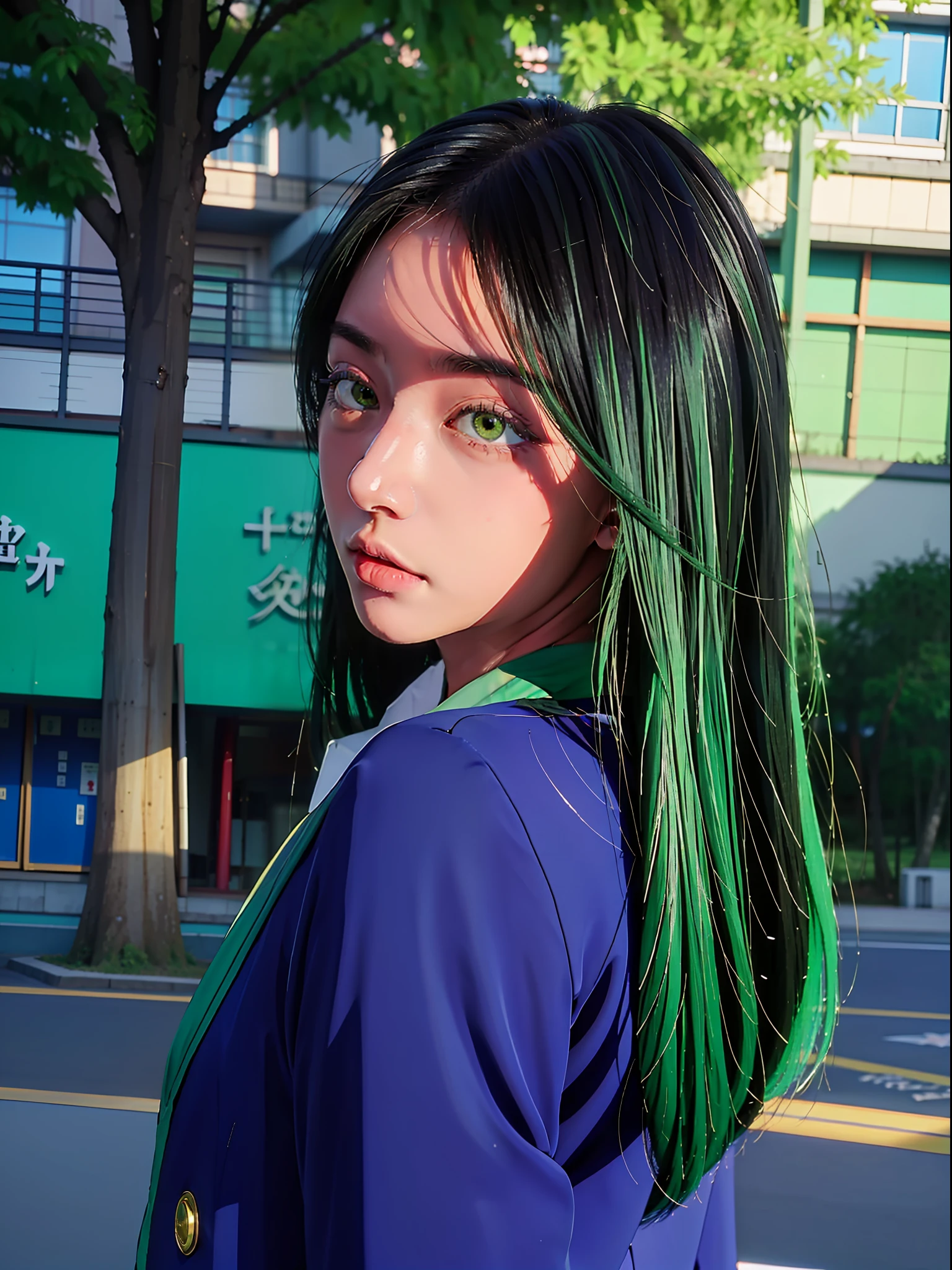 1girl in (masutepiece) (Best Quality)(Shiny hair)(Shiny skin)、frillshiranui\(Oshinoko\)、校服、Blue jacket、skirt by the、校服、blazers、Green hair、verd s eyes、hand on own face、