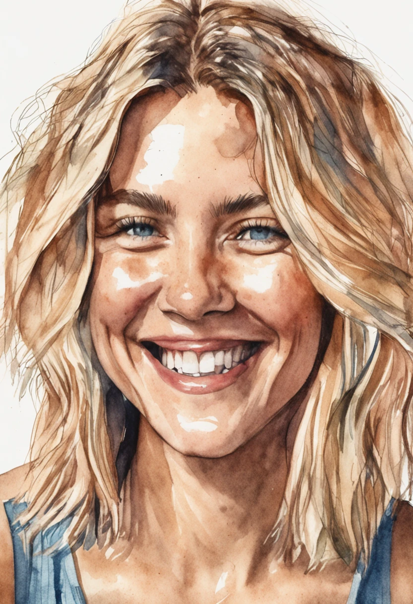 Realistic drawing watercolor version, Open close-up showing a woman smiling with straight blonde hair, pelo corto hasta los hombros, se ve toda la cabeza, cuello, hombros, orejas. Symmetrical and blue eyes, cheerful expression