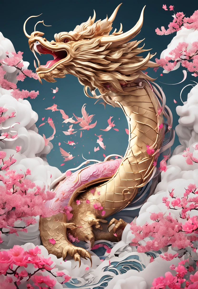 A logo、​masterpiece、(white backgrounid:1)、Golden Chinese dragon surrounded by white clouds、Pink cherry blossom tree、flower petals、the wind、Deities、long wavy body、tusk、Fantasia、myth、hightquality、ighly detailed、​masterpiece、epic poem、Particle effect、Dynamic effects、Sun in the background