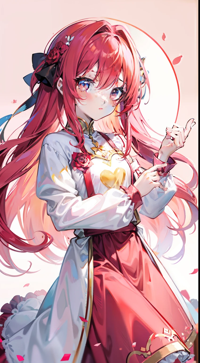 Rose red hair,A thin tunic of pure yellow,There is a peach-pink love heart decoration,Cute little girl s,Pink dream background