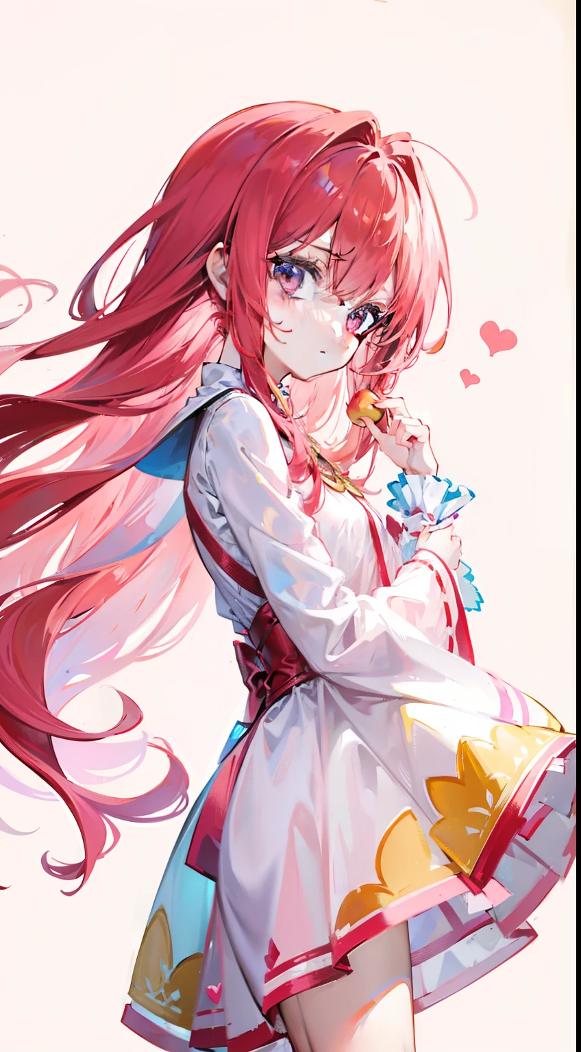 Rose red hair,A thin tunic of pure yellow,There is a peach-pink love heart decoration,Cute little girl s,Pink dream background