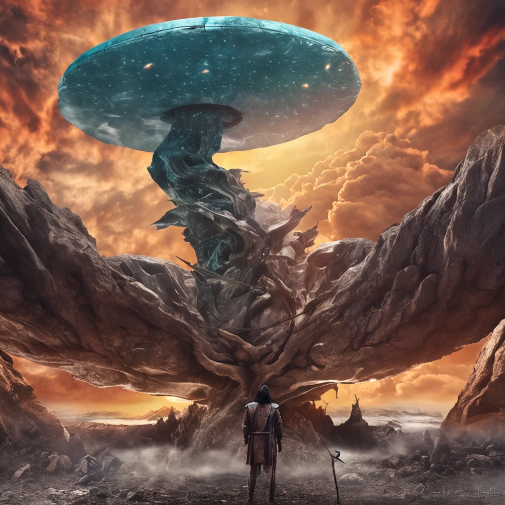 Best quality, Masterpiece, 超高分辨率, (photograph realistic:1.4), surrealism, Dream-like,fusionart, Mythical, Immortals, The dark world, der riese, giant axe,Split the sky,brightlight