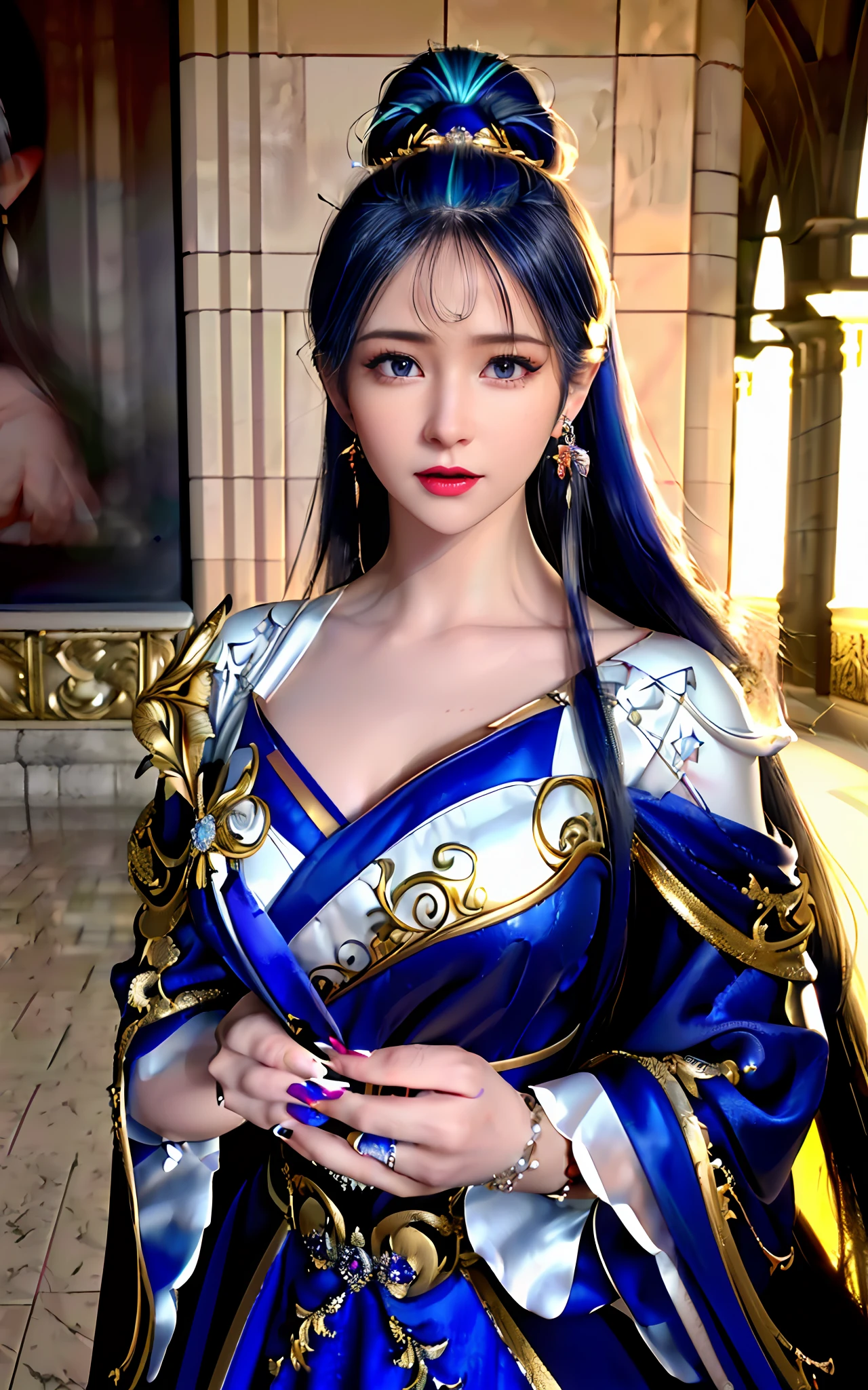 ((realisticity: 1.2)), ((realistic: 8K UHD)), ((best resolution: 8K UHD)), hyper detailed, best quality,masterpiece,highres,cg, ((1 girl hyper detailed and hyper realistic) ) , ((beautiful queen, hyper realistic and hyper detailed)),((white skin, beautiful, smooth, youthful, hyper realistic and hyper detailed )), ((Face hyper beautiful, white, hyper realistic and hyper detailed ) ), long hair, ((hyper realistic and hyper detailed dress)), solo, ((hyper realistic, hyper beautiful, beautiful and hyper detailed jewelry)), ((hyper beautiful deep red and golden yellow dress, hyper realistic and hyper detailed )) , ((Her pretty, hyper realistic, hyper detailed diamond filled earrings)), ((Her gorgeous diamond haircut, hyper realistic and hyper detailed)), ((hyper pretty upper body, hyper beautiful, hyper realistic and hyper detailed) ), ((medium breast: 1.1)), ((hyper realistic, hyper pretty, hyper detailed boobs)), ((the backgroun of the royal palace is hyper majestic, hyper realistic and hyper detailed)),((hands and palms hyper beautiful, hyper detailed, hyper realistic)), ((hyper detailed and hyper realistic fingers and fingernails)), ((hyper pretty fingernails, hyper vivid, hyper detailed, hyper realistic)), ((thumb, index finger, middle finger, ring finger, little finger hyper vivid, hyper pretty, hyper detailed, hyper realistic)),  
((hyper beautiful fingers, hyper detailed, and hyper realistic)), ((posture not too fat and not too thin, hyper realistic, hyper detail)), ((hyper pretty, hyper pretty, hyper realistic and hyper detailed hair bun)), ((hyper pretty , hyper realistic and hyper detailed blue hair)), candid, Photo, high resolution, 8k , bokeh,