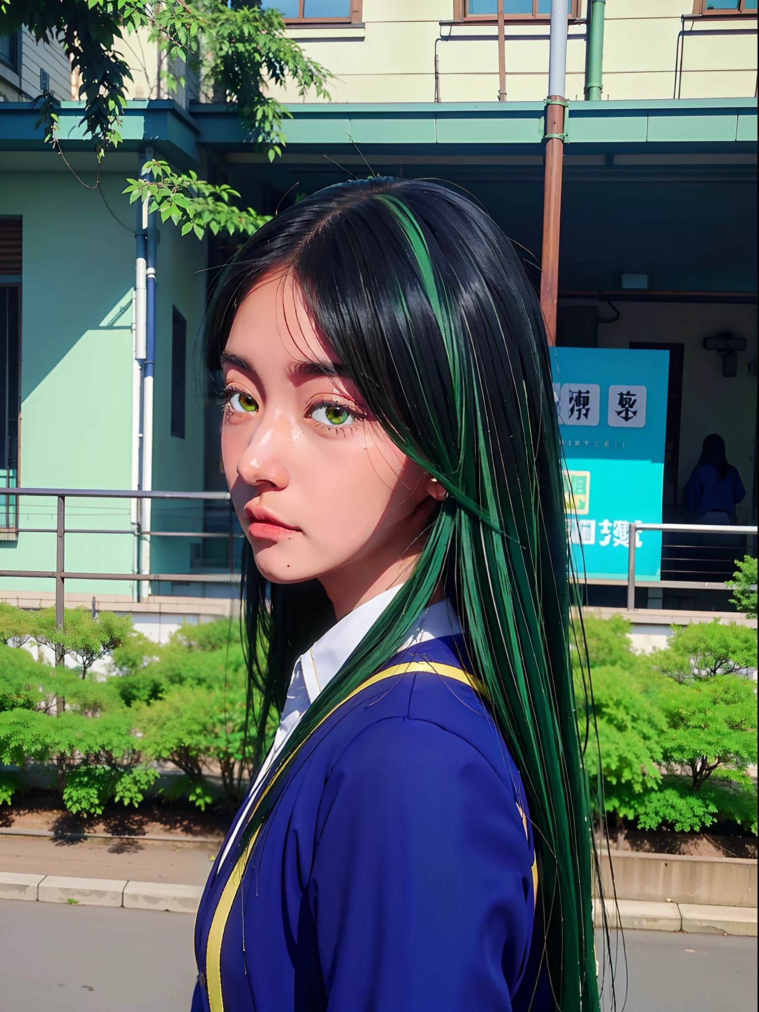 1girl in (masutepiece) (Best Quality)(Shiny hair)(Shiny skin)、frillshiranui\(Oshinoko\)、校服、Blue jacket、skirt by the、校服、blazers、Green hair、verd s eyes、hand on own face、