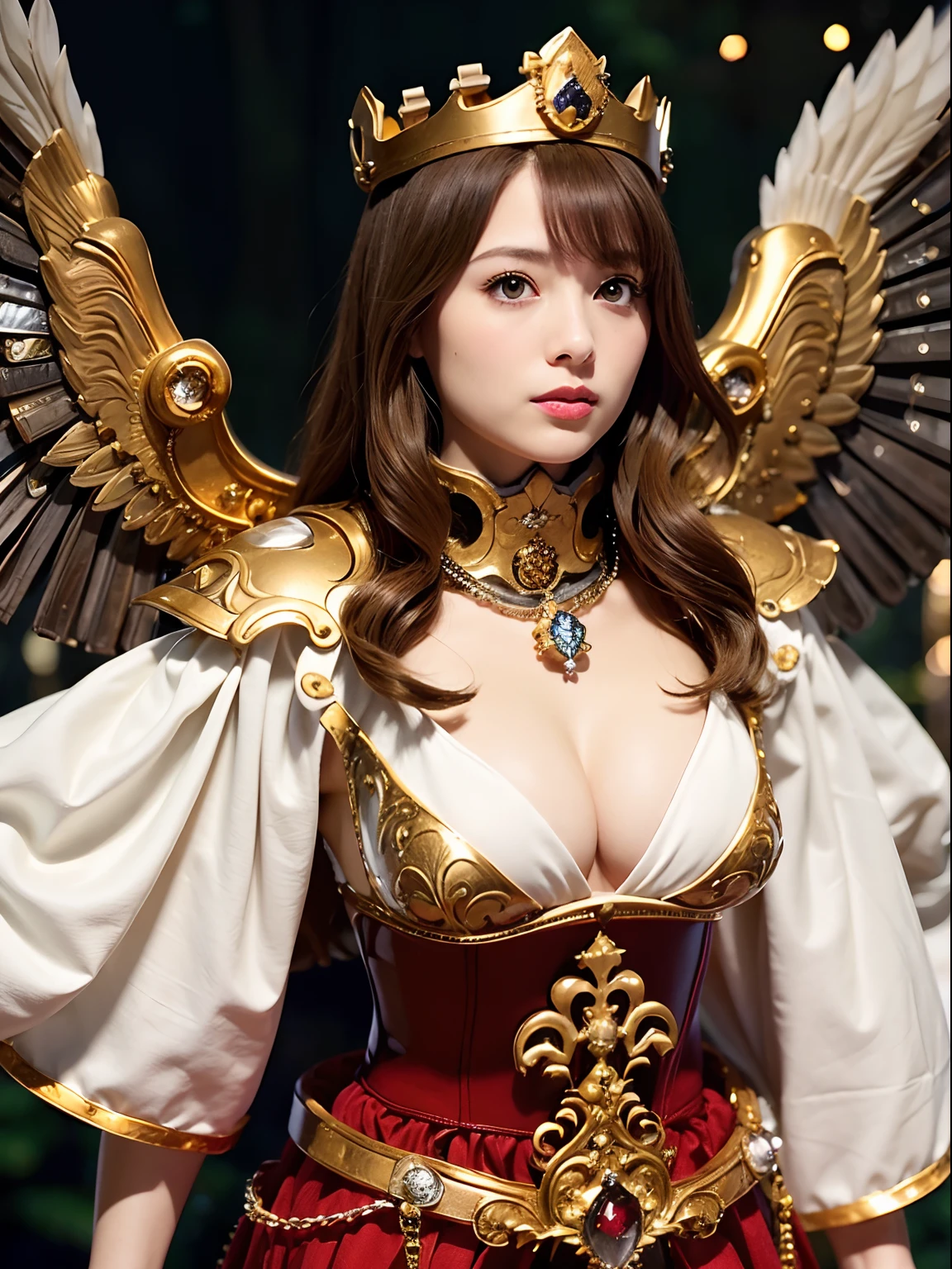 (masutepiece), Professional , ​masterpiece、top-quality、photos realistic , depth of fields 、（Wind element），tornado，Lightning，（Gemstone Silver Metal Body:1.９),(Matte White、(Gangle's forest background),（Brown hair long straight）、Jewel Gold Weapon、（Castle background),Gorgeous metal weapons,(Detailed and realistic angel white wings) , Detailed Sword of the Brave , Beautiful knife 、delicated face、20 years girl  ,warhammer 40k , adepta sororitas,Detail and ornate jewel crown、a blond、(Gangle's forest background)、Beautiful Caucasian beauty、１a person、dynamic ungle,(((Detailed and ornate diamond crown)))、Smaller head、A smile、Powerful poses、Beautiful thin fingers of a woman、cleavage of the breast、