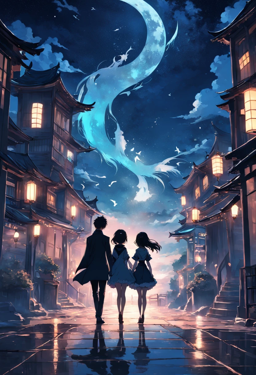 A handsome man and a beautiful woman,Meet at the Magpie Bridge under the moonlit night,HD graphics