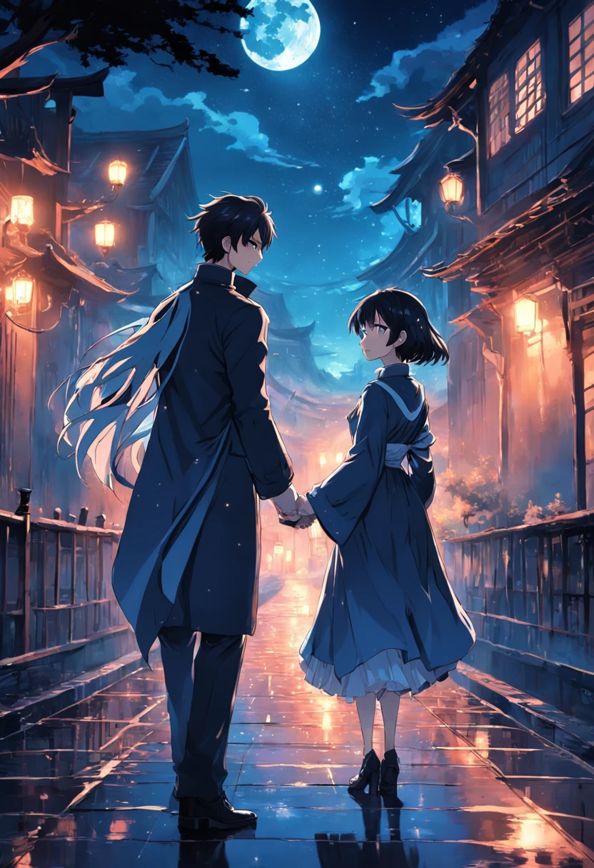 A handsome man and a beautiful woman，Meet at the Magpie Bridge under the moonlit night，HD graphics