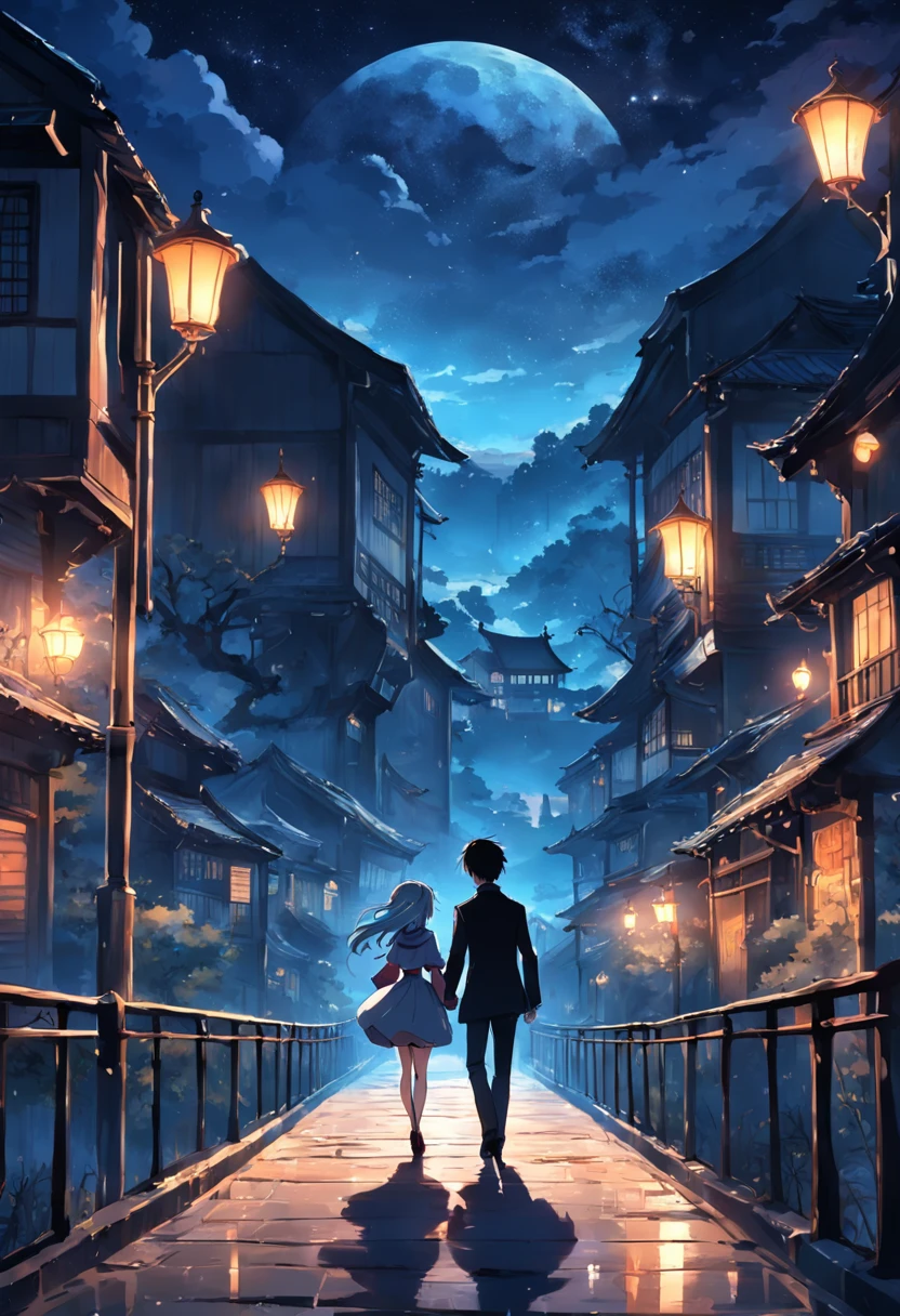 A handsome man and a beautiful woman,Meet at the Magpie Bridge under the moonlit night,HD graphics