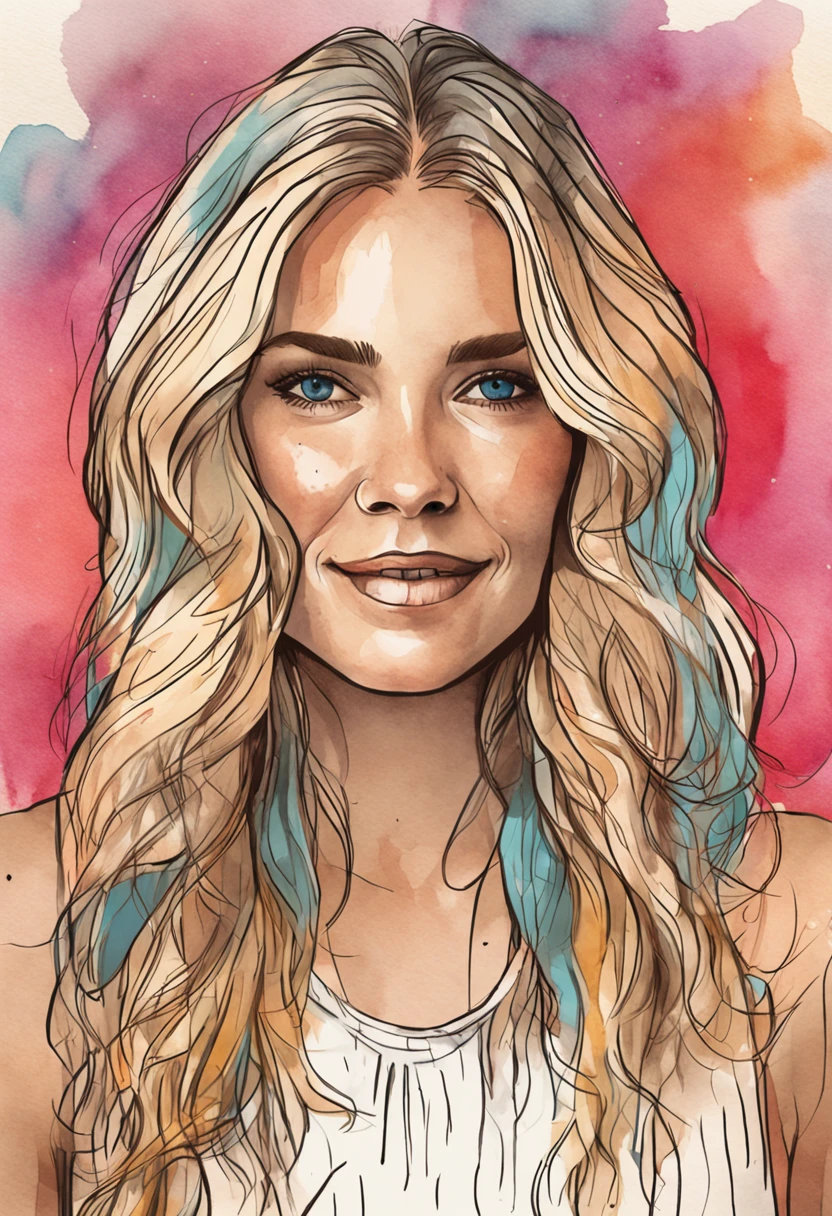 Watercolor version drawing, Open close-up showing a cheerful woman with straight blonde hair, pelo corto hasta los hombros, se ve toda la cabeza, cuello, hombros, orejas. Symmetrical and blue eyes, cheerful expression
