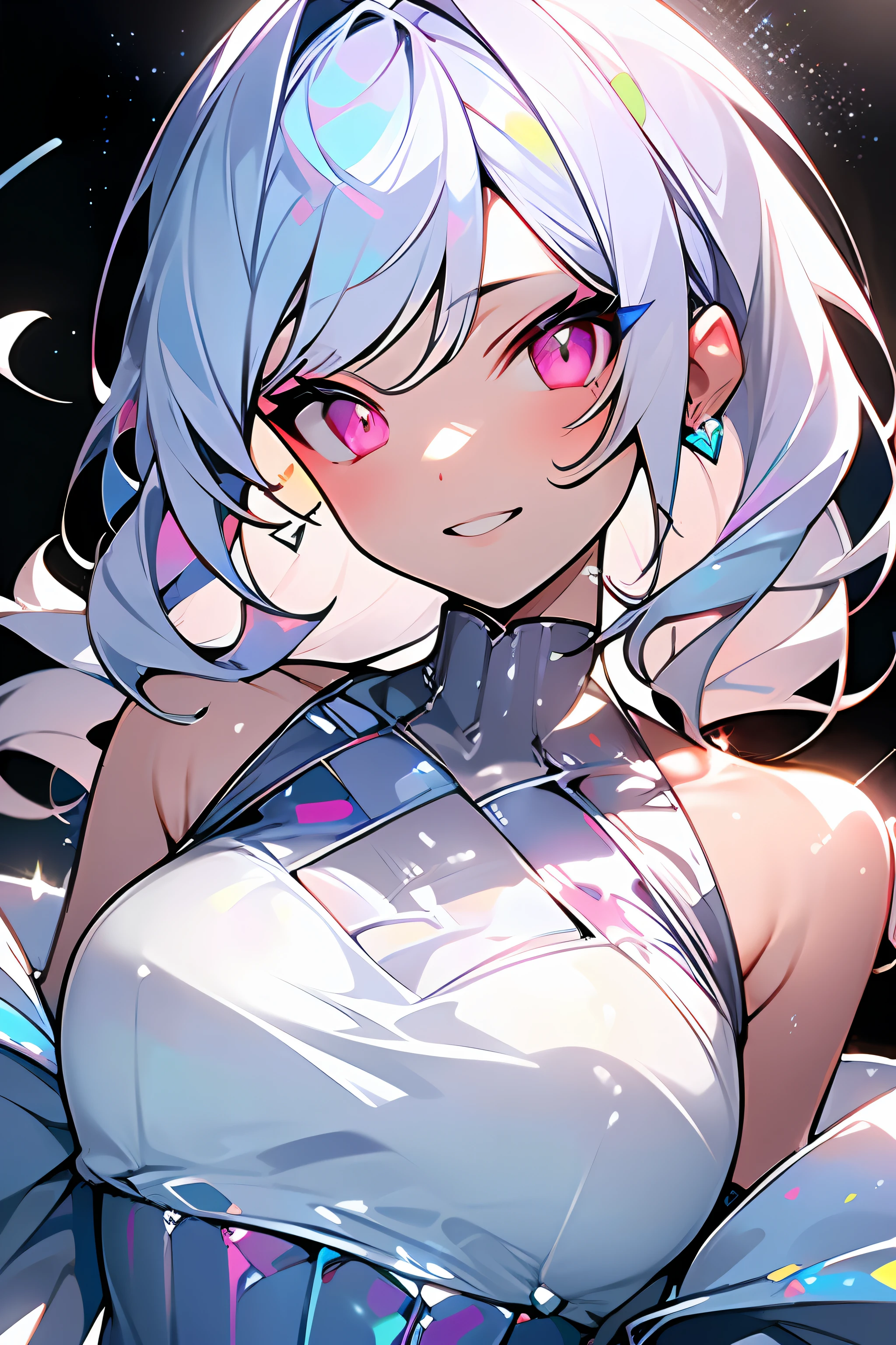 (Masterpiece:1.2), best quality, (illustration:1.2), (ultra-detailed),Eye focus,(Masterfully crafted Glow, pink lens flare), (Cinematic background), hyper details, (delicate detailed), (intricate details), octane render, hdr, (hyperdetailed:1.15), (soft light:1.2), 1girl, beautiful girl, ultra detailed eyes, mature, plump, thick, rainbow painting drops,(supermodel:1.3), paint teardrops, woman made up from paint, entirely paint, splat, splash, indoors, (bioluminescent hair:1.1),(glowing eyes), ((makeup)),(Cinematic masterpiece), fierce, powerful, splashes of colour absolutely eye-catching, (Cinematic headlight), ((caustic)), dynamic angle, beautiful detailed glow, ambient occlusion, ambient light, raytraced reflections,(best illumination, an extremely delicate and beautiful), ((cinematic light)), (soft:2),(exhilarating smile:1.5), kawaii, euphoric,