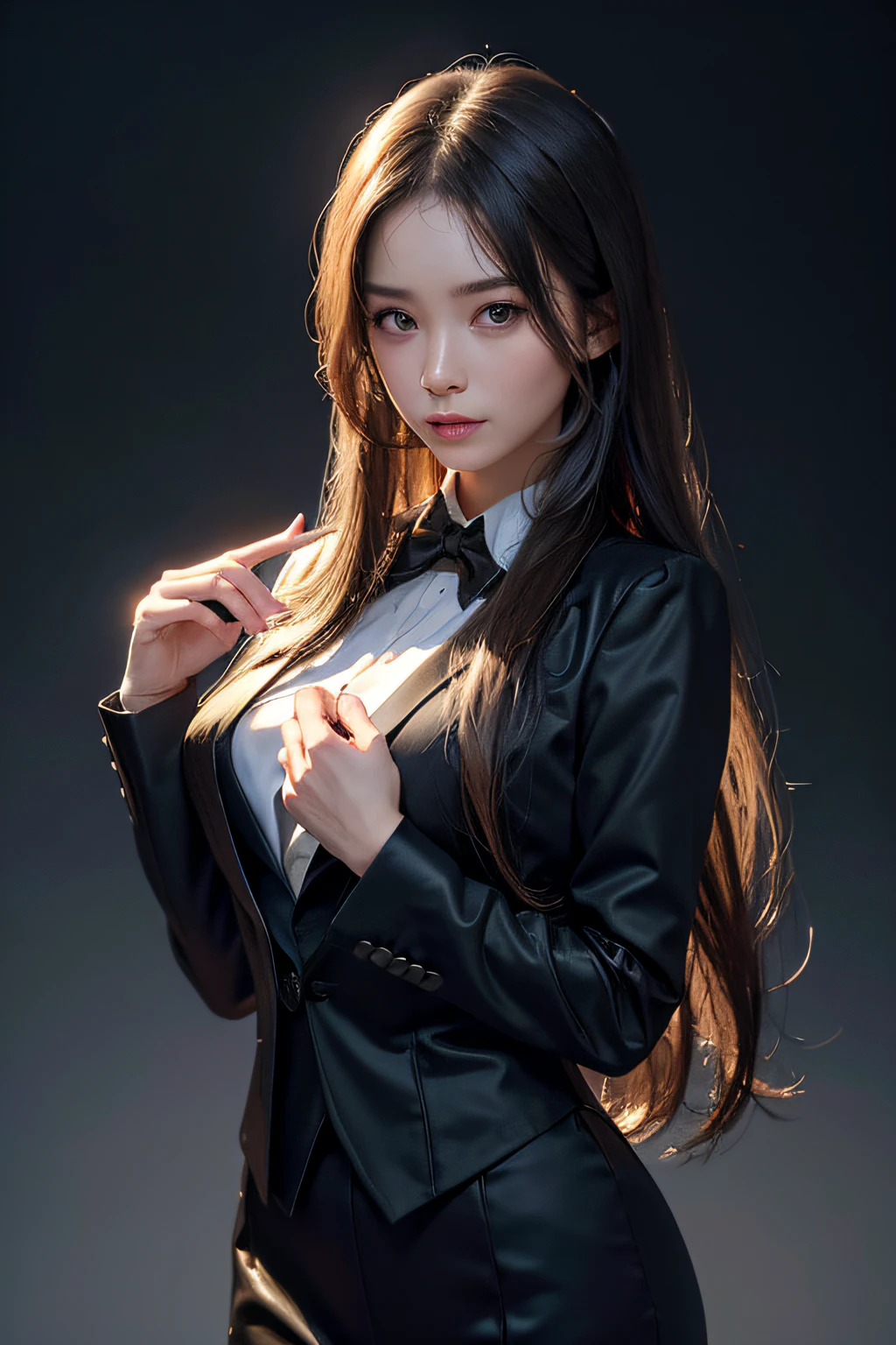 Wearing a black suit,holding a mic,Realistic photo of a beautiful woman gesture than Yah,动态照明,artstation,poster for,Volumetriclighting,Very detailed faces,4 k,Award-Awarded,,1girl,in the darkness nigth,deep shading,low tune,Cowboy photos,(formal outfit:1.4),long whitr hair,whaite hair,