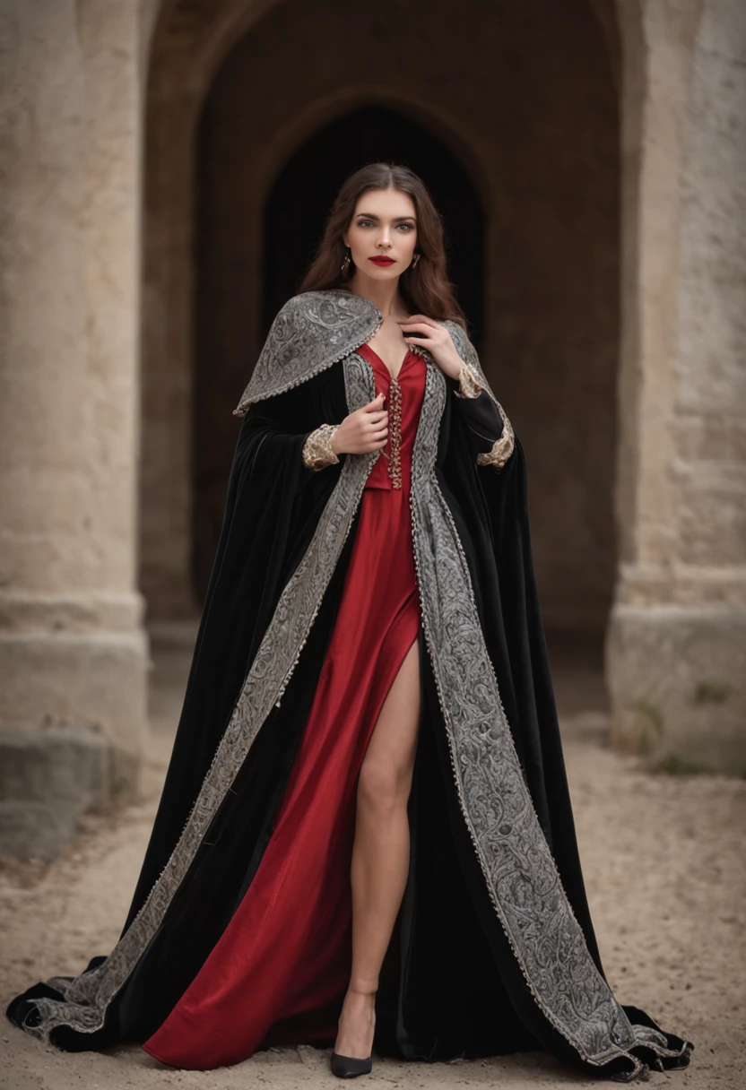 Arad woman in black and white dress and red cape, wearing a noblewoman's outfit, wearing a luxurious royal cloak, wearing dramatic aristocrat robe, Wearing a luxurious silk cloak, wearing a luxurious cloak, Inspired by George De La Tour, dressed in medieval clothes, historical baroque dress dark, medieval dress. witch, wearing aristocrat robe, with cape
