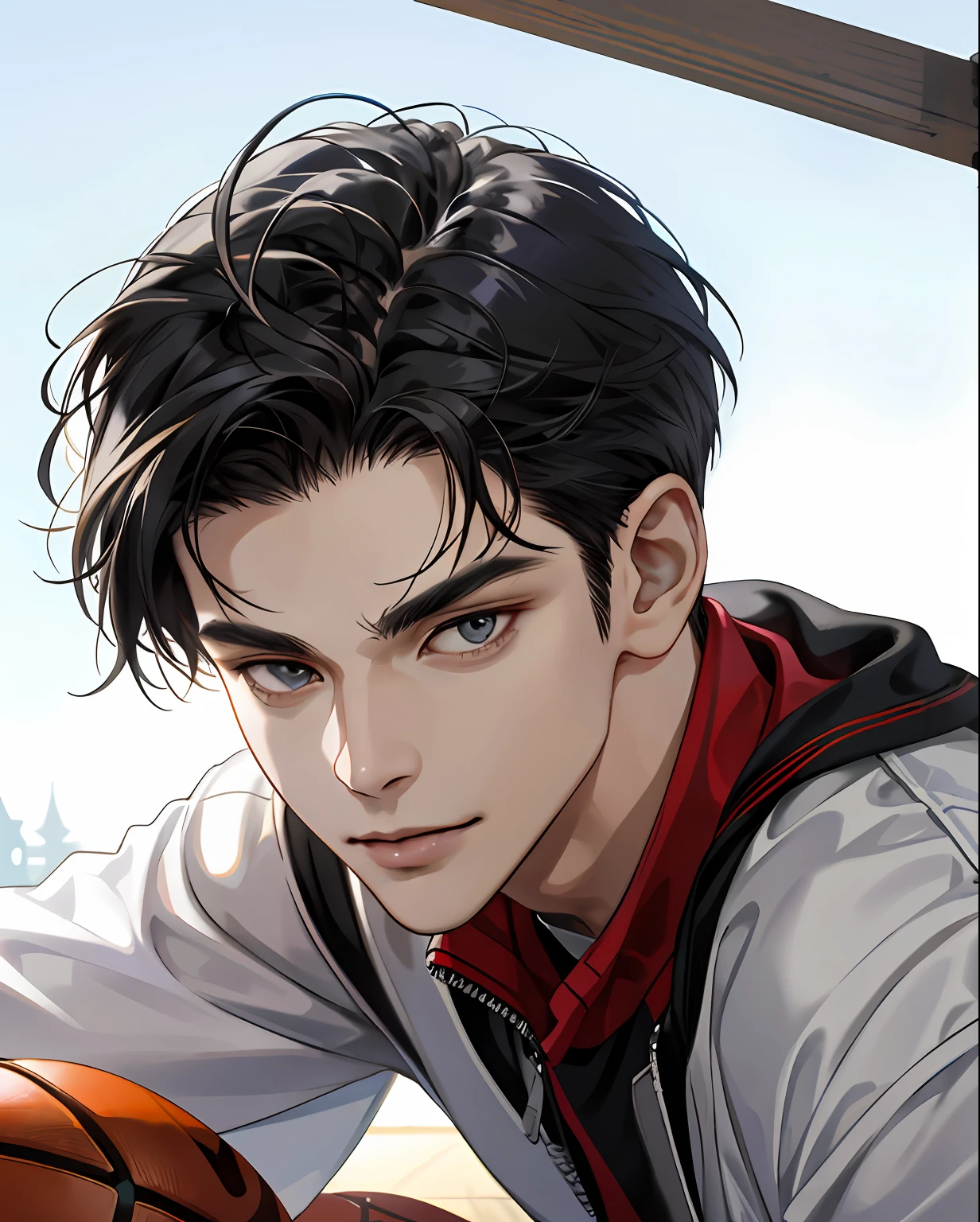 (masterpiece best quality), Realistic, (Real picture, Intricate details, Depth of field), (1 man, Solo), highly detailed, Perfect face, (skin indentation), frontage,中景 the scene is,facing at camera,vibrancy,Youth faces,Sunny male,middle parted hairstyle,A basketball,Basketball in hand,Harnes,Asian people,white backgrounid,White walls