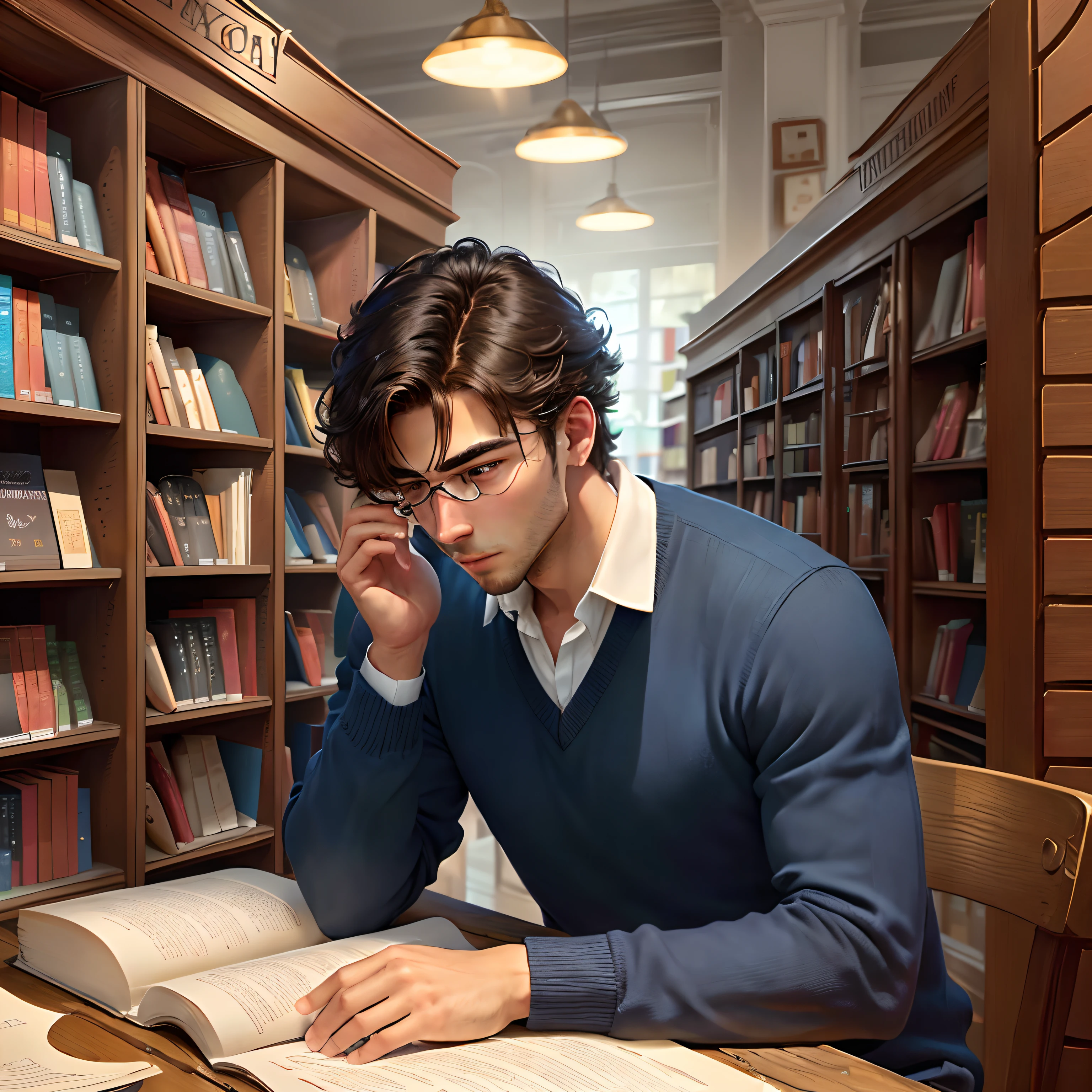In a bookstore full of bookcases, a handsome guy immersed in his homework shows his side face