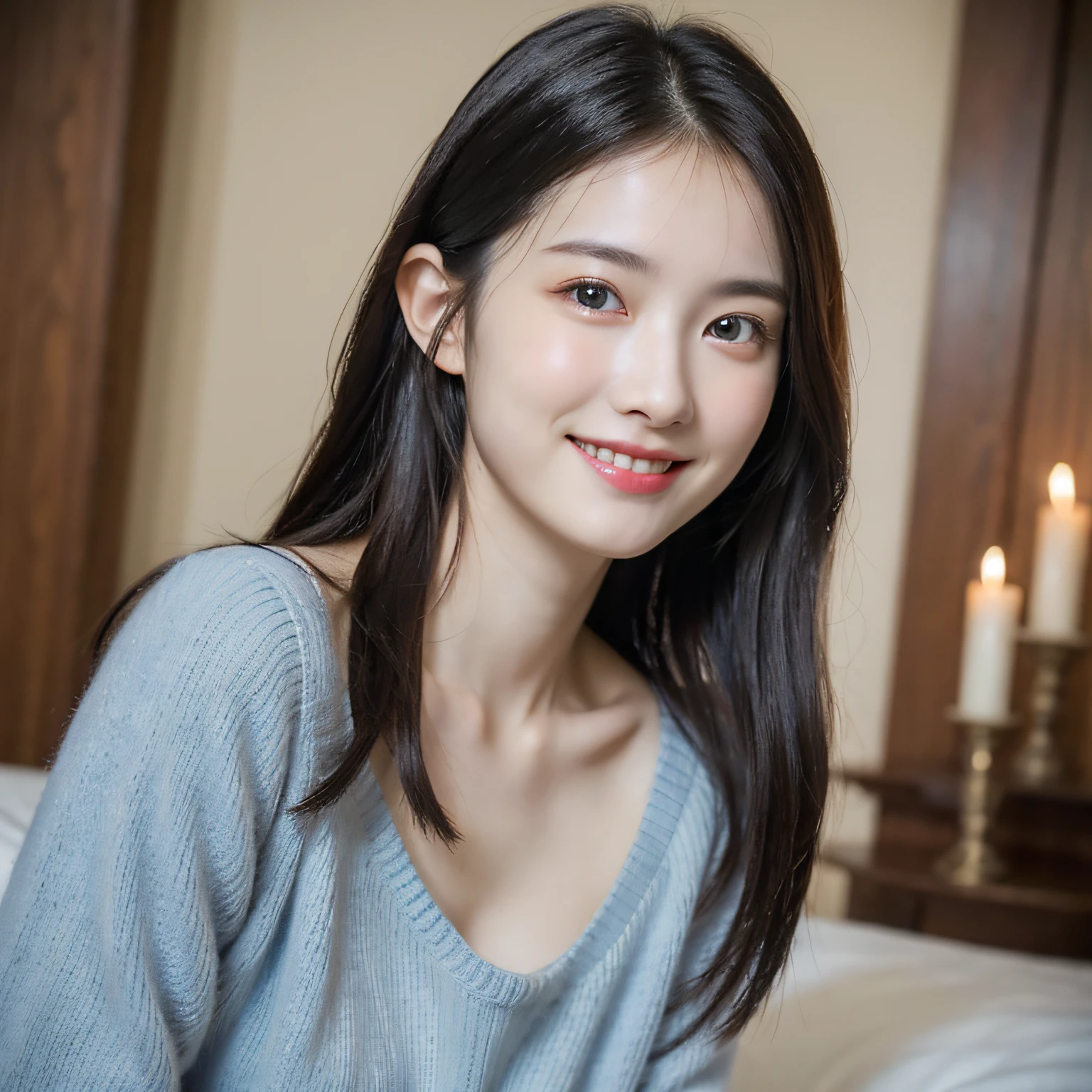 (RAW Photos:1.2), (Photorealistic:1.4),(Complex Details:1.2),(Masterpiece:1.3),(Best Quality:1.4),(Ultra High Definition:1.2), Cinema Lights, Ultra High Definition,(Detailed Facial Features),(Detailed Clothing Features),(Detailed Clothing Features), Sweater, HDR, 8k Resolution, Look Viewer, Skin Tight, (Shiny Skin),( slender girl), dreamy, nsfw, candle, candlelight, white flower,constriction, bedroom, straight hair, long hair, dark hair, light blue eyes, single woman, cute, innocent, (smile), (innocent smile), skinny, indoors, breasts, big tits, big tits,