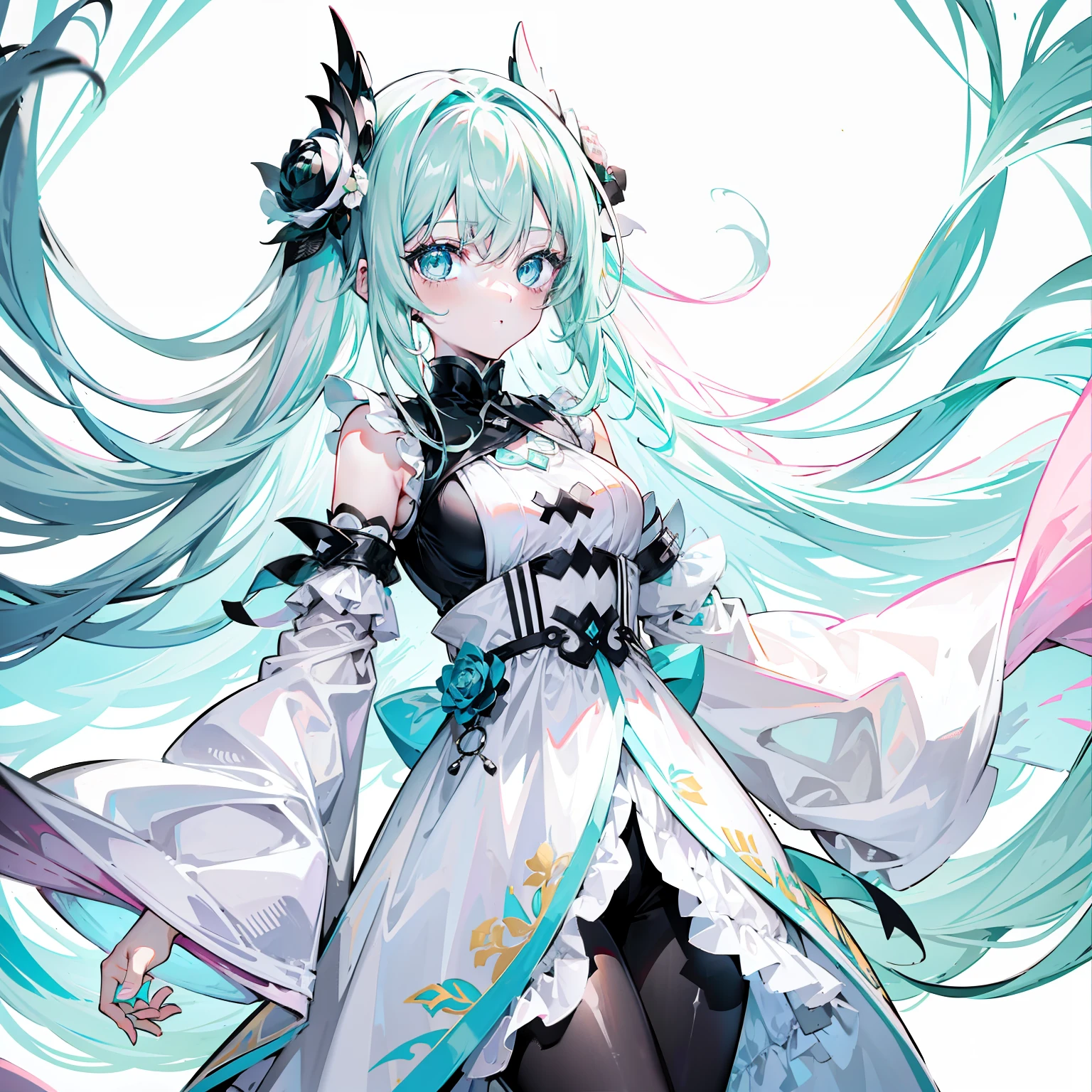 Long light pink green hair,light blue eyes,High black and white lotus-shaped collar,Black and white clothes,A cool and cute soft girl
