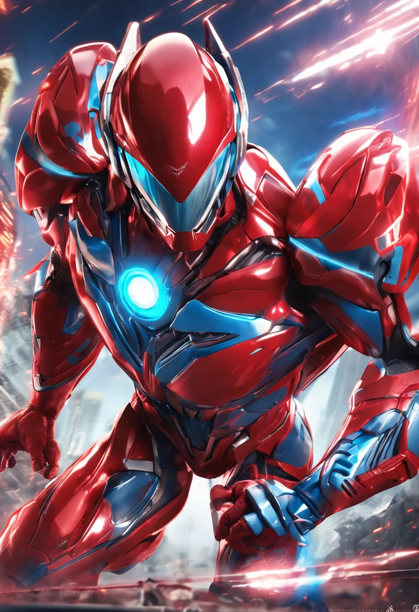 a close up of a person in a red and blue suit, Ultraman, ultra hyper-detailed, detailled image, hero action pose, battle action pose, ultra mega detailed, full body action pose, full bodyesbian!! Dynamic Action Pose, super super dynamic dynamic pose, complete detailed body, ( highly detailed figure ), anime big breast, heroically battle posing