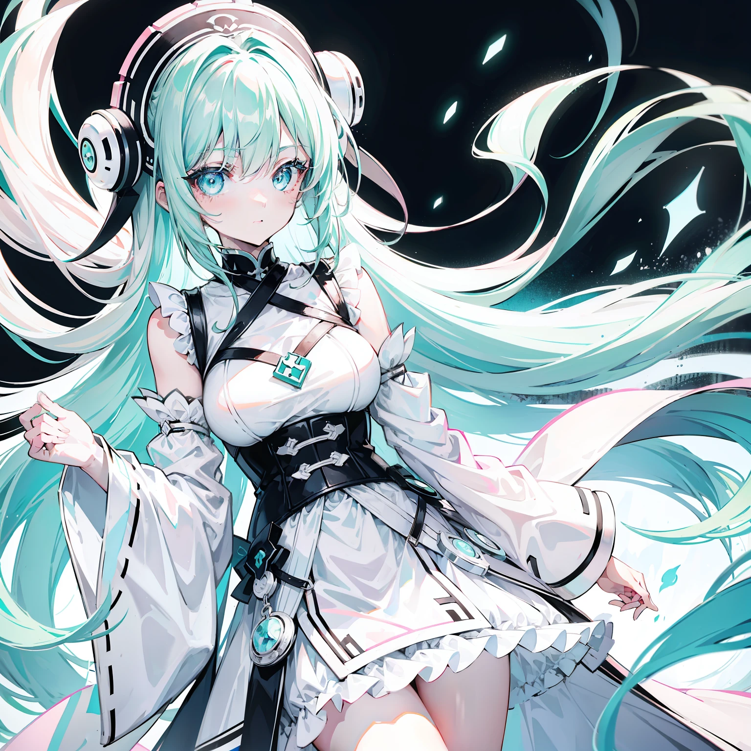 Long light pink green hair,light blue eyes,High black and white lotus-shaped collar,Black and white clothes,A cool and cute soft girl
