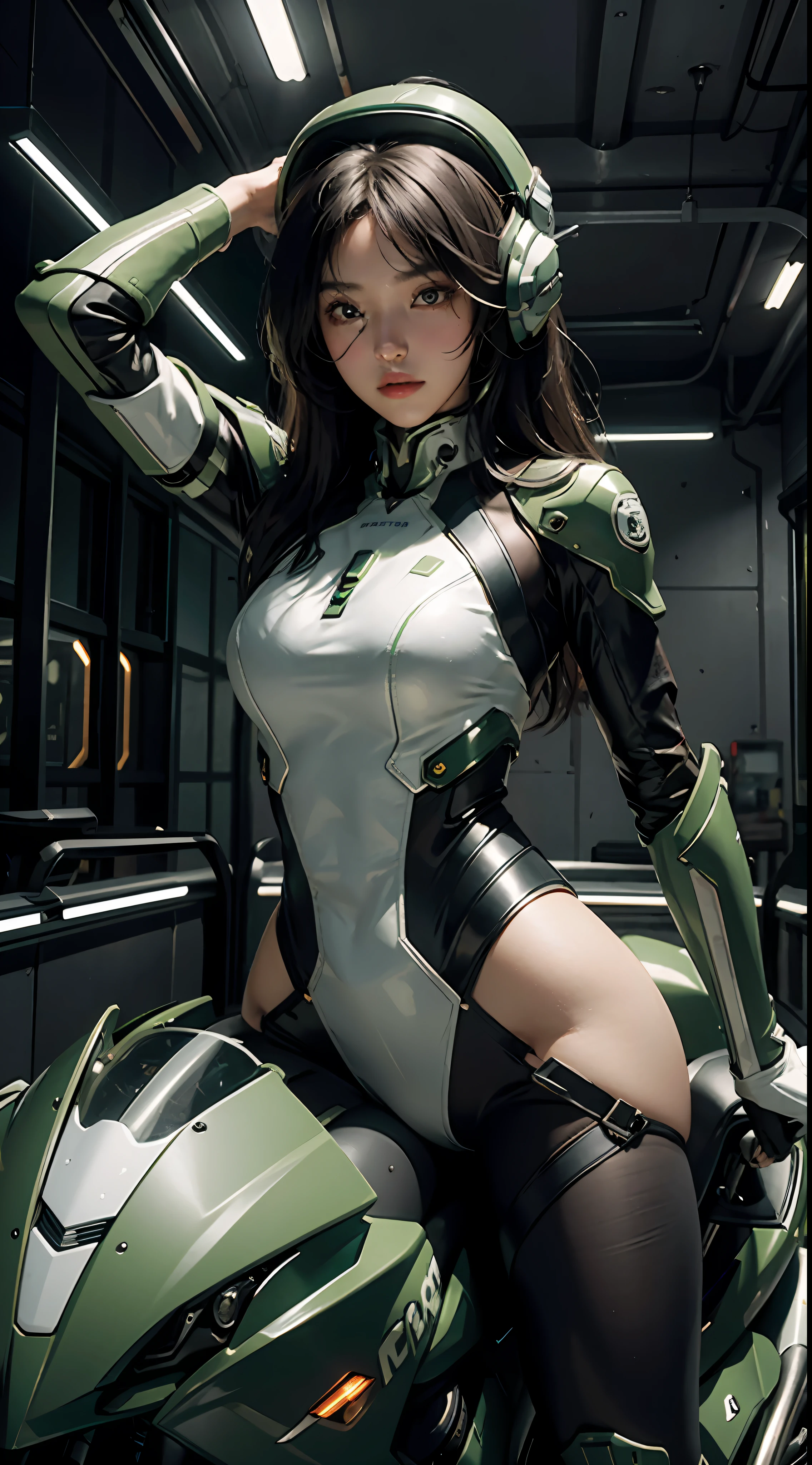 Highest image quality, outstanding details, ultra-high resolution, (realism: 1.4), the best illustration, favor details, highly condensed 1girl, with a delicate and beautiful face, dressed in a black and green mecha, wearing a mecha helmet, holding a directional controller, riding on a motorcycle, the background is a high-tech lighting scene of the future city.