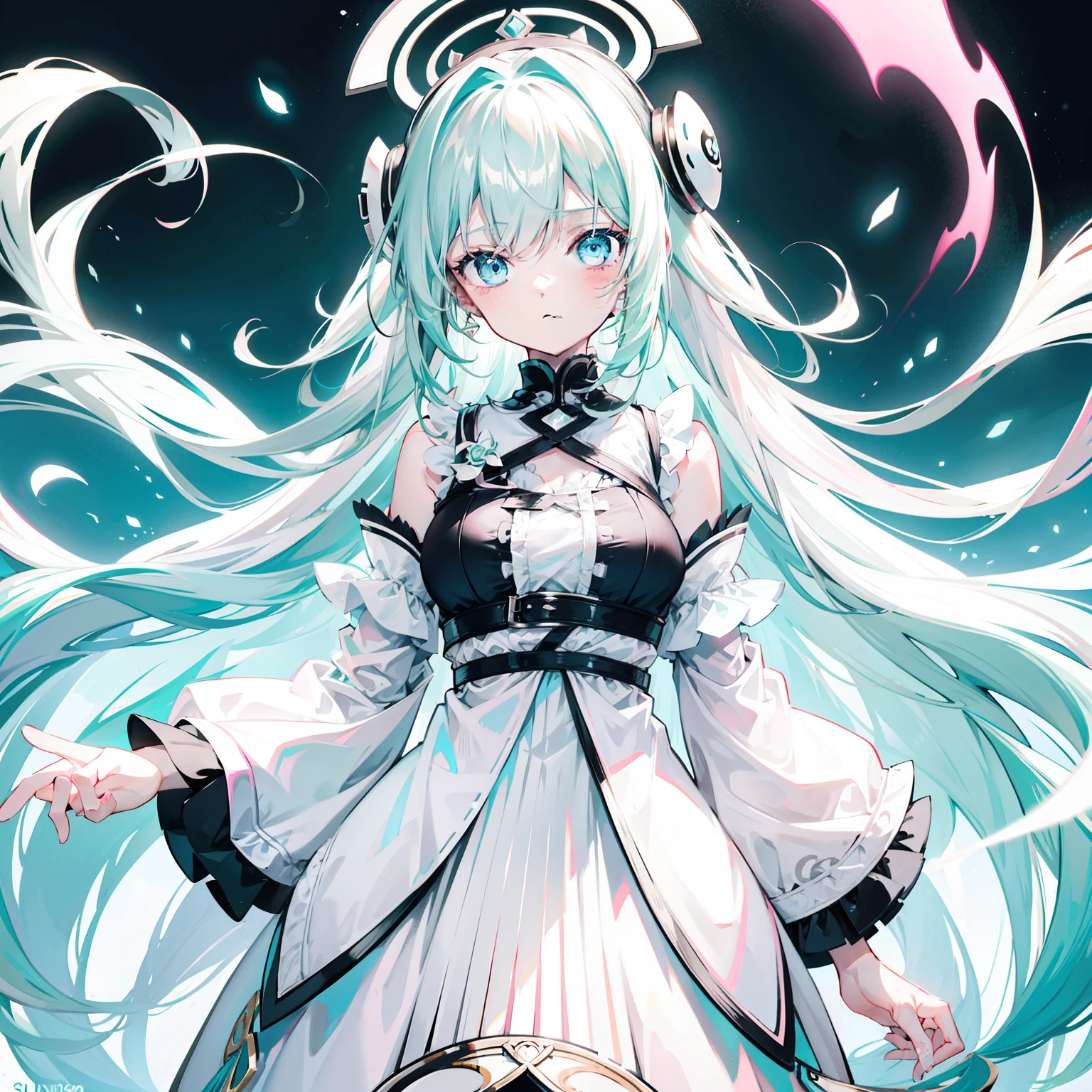 Long light pink green hair,light blue eyes,High black and white lotus-shaped collar,Black and white clothes,A cool and cute soft girl