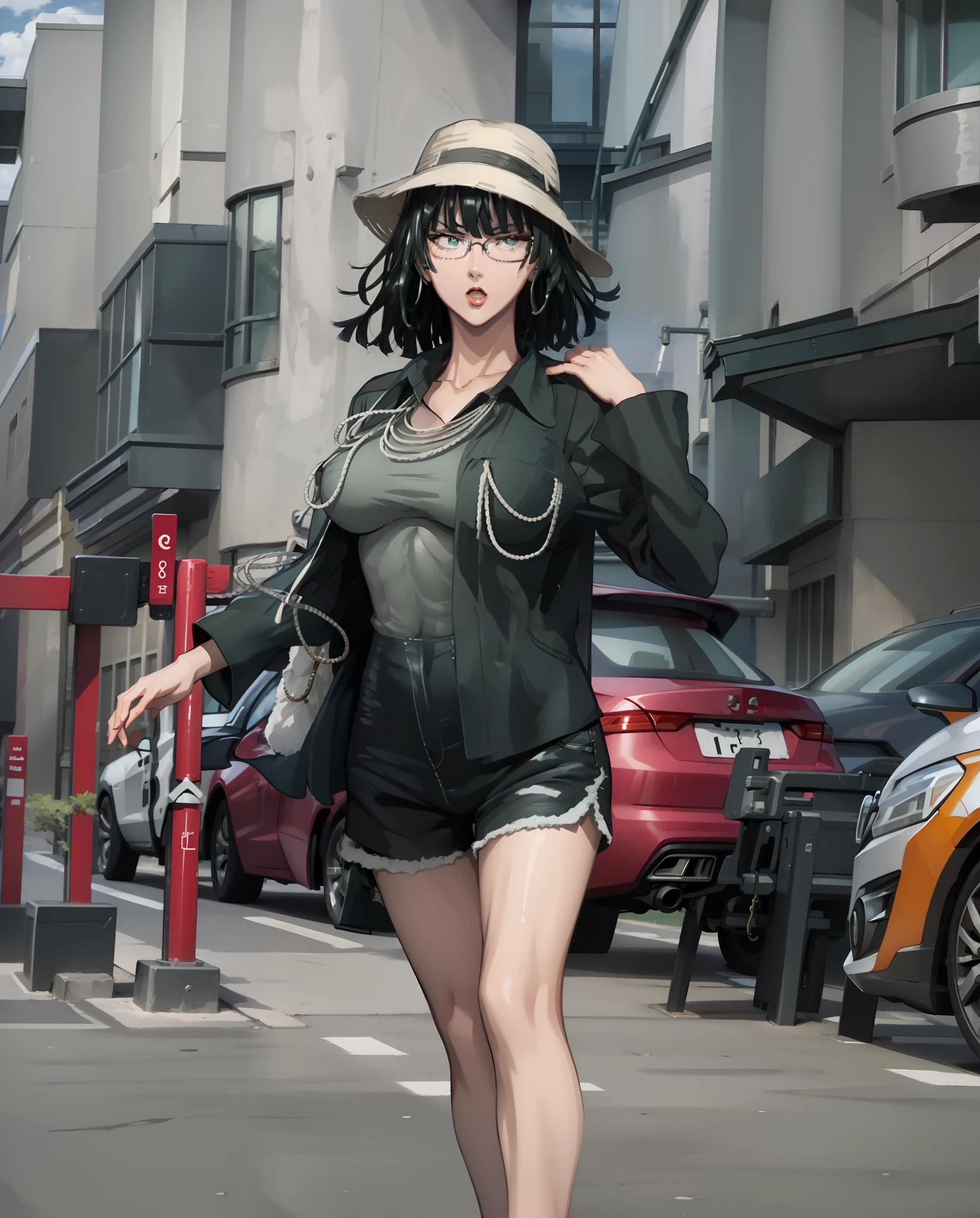Girl, red lips, big nose, big tits, glasses, shorts hair, black hair colors, wearing earrings, wearing a necklace, fair skin, gray bucket hat colors, long sleeve levis shirt, white shorts tank top colors, short black pants, sexy body, sexy girl, stand pose, elegant pose, beautiful girls, in outdoor, urban background, realistic, looking forward, five finger on hand