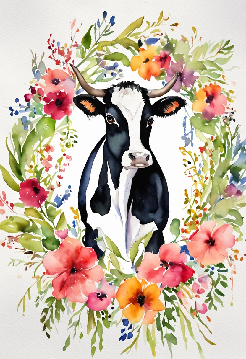 A cute American black and white spotted cow，A bright wreath is worn on his head，