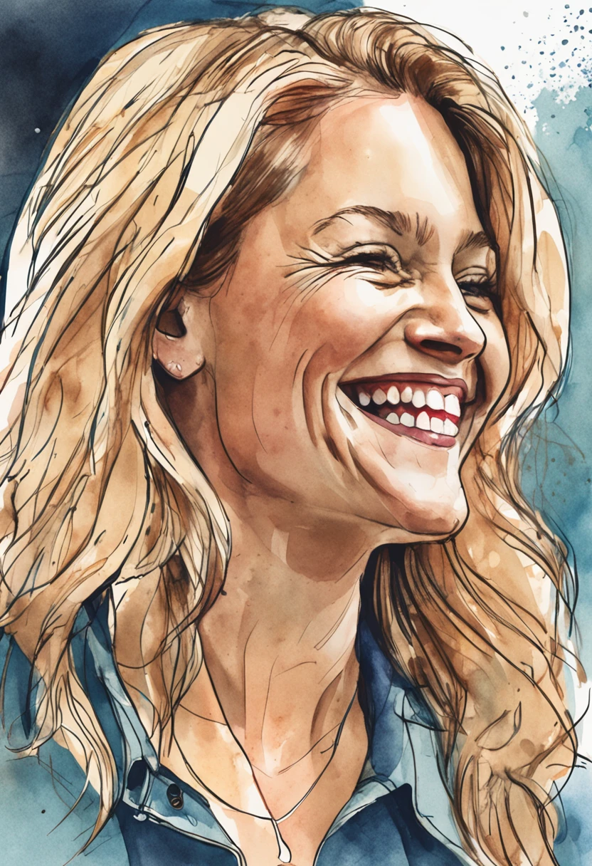 realistic cartoon watercolor version, Open close-up showing a woman smiling with straight blonde hair, pelo corto hasta los hombros, se ve toda la cabeza, cuello, hombros, orejas. Symmetrical and blue eyes, cheerful expression