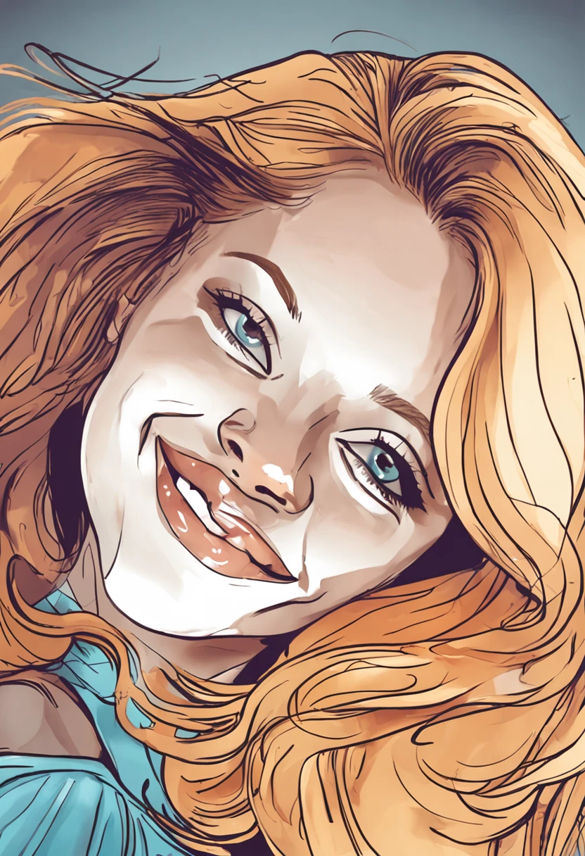 realistic cartoon watercolor version, Open close-up showing a woman smiling with straight blonde hair, pelo corto hasta los hombros, se ve toda la cabeza, cuello, hombros, orejas. Symmetrical and blue eyes, cheerful expression