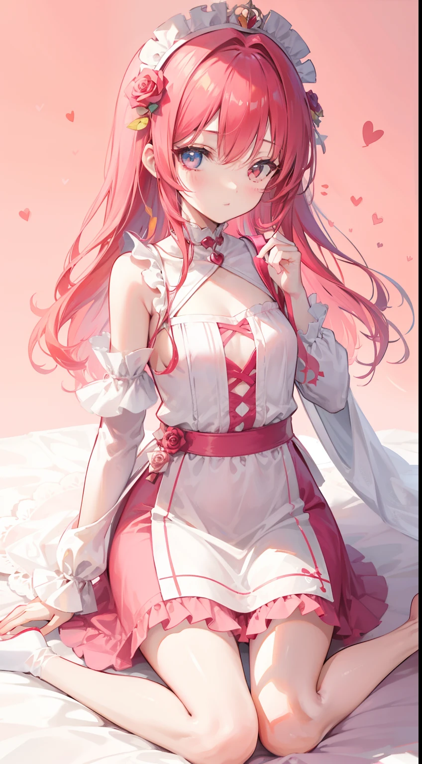 Rose red hair,A thin tunic of pure yellow,There is a peach-pink love heart decoration,Cute little girl s,Pink dream background