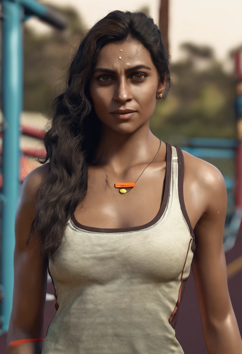 beautiful mature Indian college girl, in track outfit, outside on track field, ((slim, petite)), photorealistic, photo, masterpiece, realistic, realism, photorealism, high contrast, photorealistic digital art trending on Artstation 8k HD high definition detailed realistic, detailed, skin texture, hyper detailed, realistic skin texture, armature, best quality, ultra high res, (photorealistic:1.4),, high resolution, detailed, raw photo, sharp re, by lee jeffries nikon d850 film stock photograph 4 kodak portra 400 camera f1.6 lens rich colors hyper realistic lifelike texture dramatic lighting unrealengine trending on artstation cinestill 800,