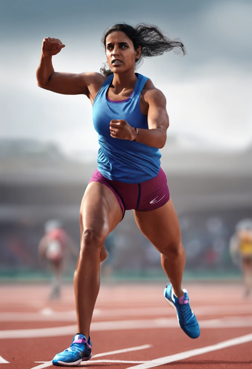 beautiful mature Indian college girl, in track outfit, outside on track field, ((slim, petite)), photorealistic, photo, masterpiece, realistic, realism, photorealism, high contrast, photorealistic digital art trending on Artstation 8k HD high definition detailed realistic, detailed, skin texture, hyper detailed, realistic skin texture, armature, best quality, ultra high res, (photorealistic:1.4),, high resolution, detailed, raw photo, sharp re, by lee jeffries nikon d850 film stock photograph 4 kodak portra 400 camera f1.6 lens rich colors hyper realistic lifelike texture dramatic lighting unrealengine trending on artstation cinestill 800,