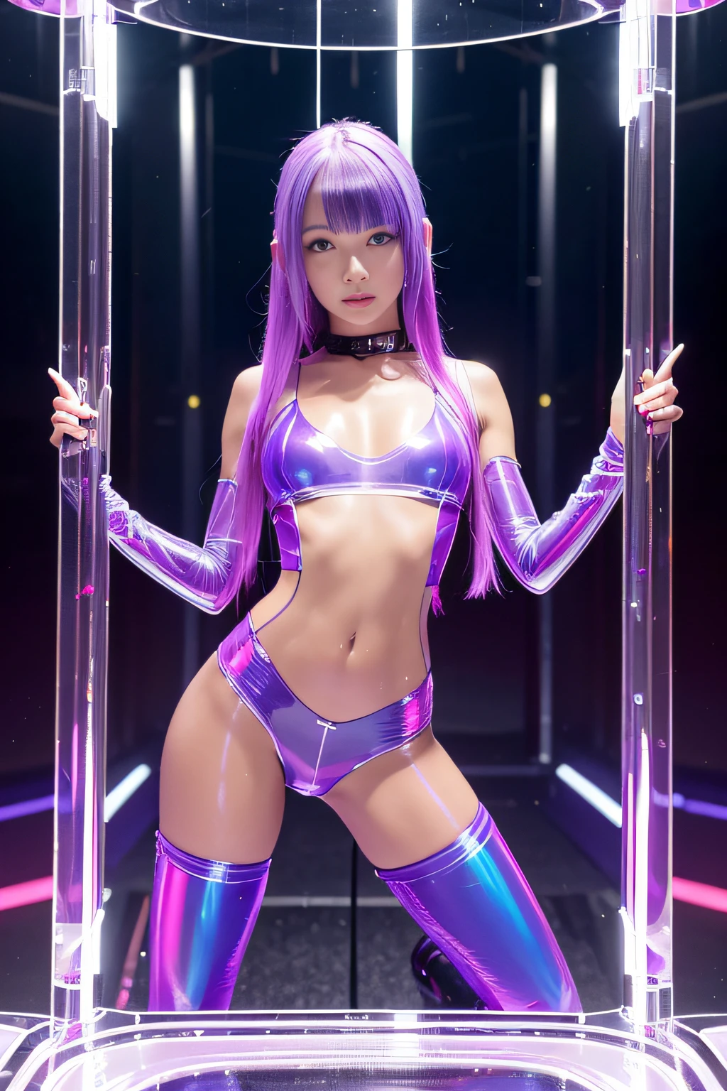 ８K、erotic photograph, 18 yo european woman, ((( Woman in transparent vinyl latex))) shinny skin、Navel Ejection、Breast opening、small breasts, fully body photo、Outstanding body style、Metallic Rainbow Hair、Futuristic city, cyberpunk, topless, rgb, led, rave, rave festival, night, light rays,