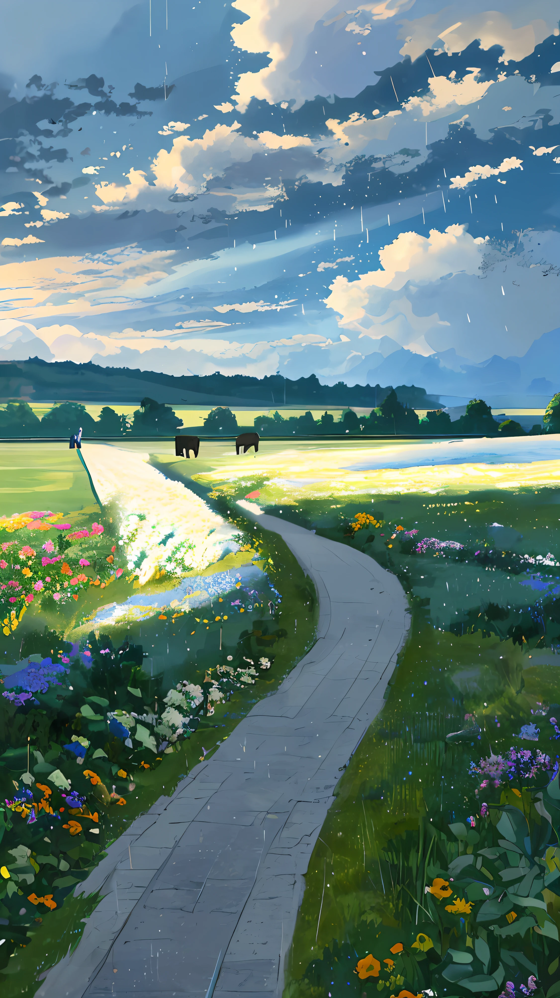 Masterpiece, best quality, (very detailed CG Unity 8k wallpaper) (best quality), (best illustration), (best shadow) a view of a highway, flowers and trees in the middle and on both sides of the road, cattle in the meadow, people cultivating, half raining, half clear, dark clouds and white clouds in the sky, soft light passing through the white clouds traveling Tyndall effect