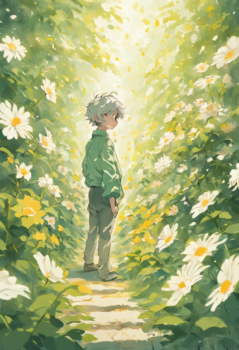 Blooming flowers flutter in the wind,The boy in the flower,Light green and silver design,Pay attention to the texture of the skin and flowers,Sony FE 12-24mm F/2.8 gm,Impressionist garden,Proficient in calligraphy,eco-friendly craftsmanship,Brush stroke exploration