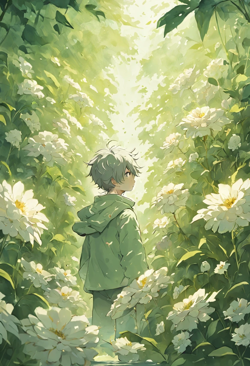Blooming flowers flutter in the wind，The boy in the flower，Light green and silver design，Pay attention to the texture of the skin and flowers，Sony FE 12-24mm F/2.8 gm，Impressionist garden，Proficient in calligraphy，eco-friendly craftsmanship，Brush stroke exploration