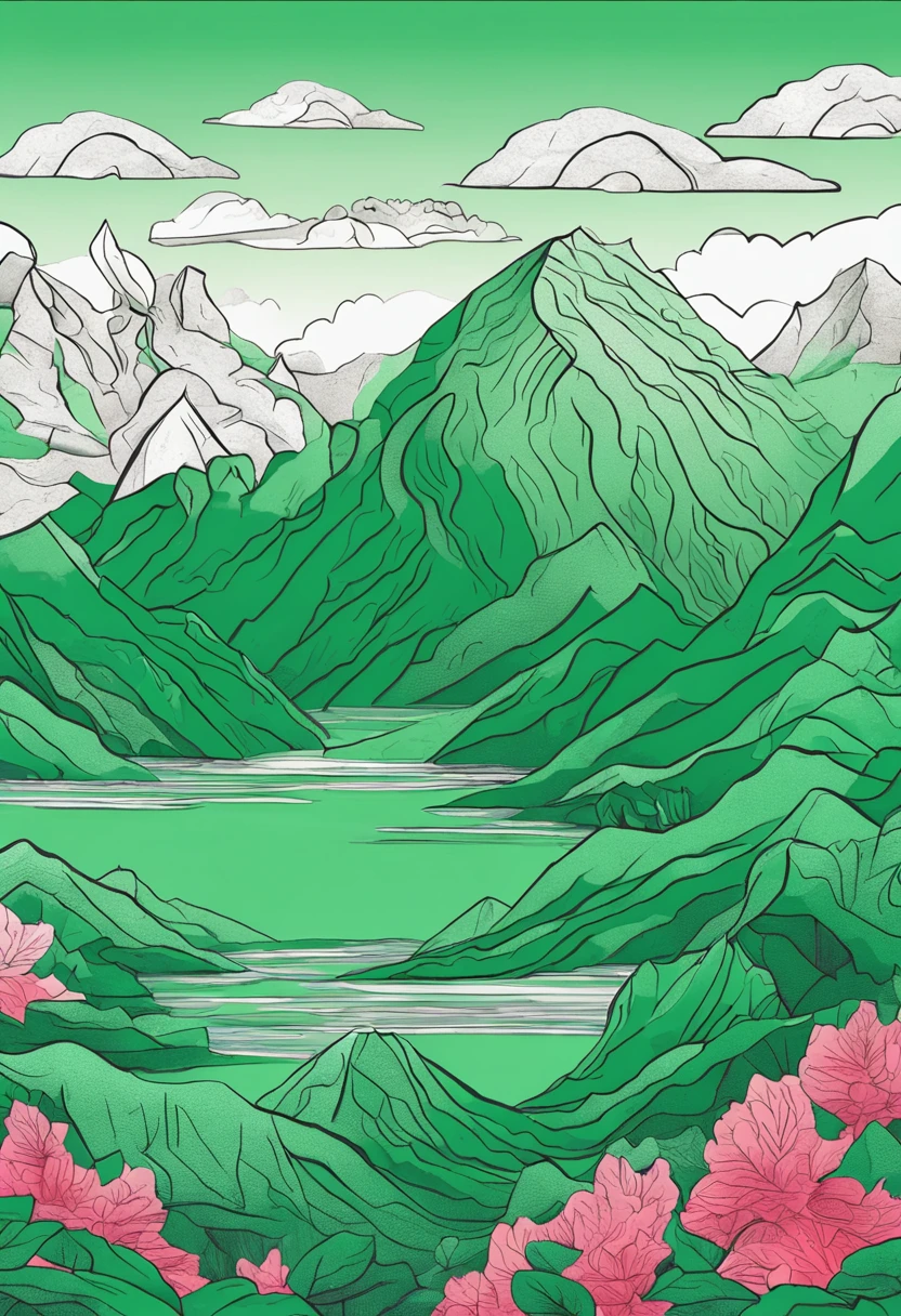 Green mountains like jade, mountains of green mountains, pine trees, clouds, paper cut wind