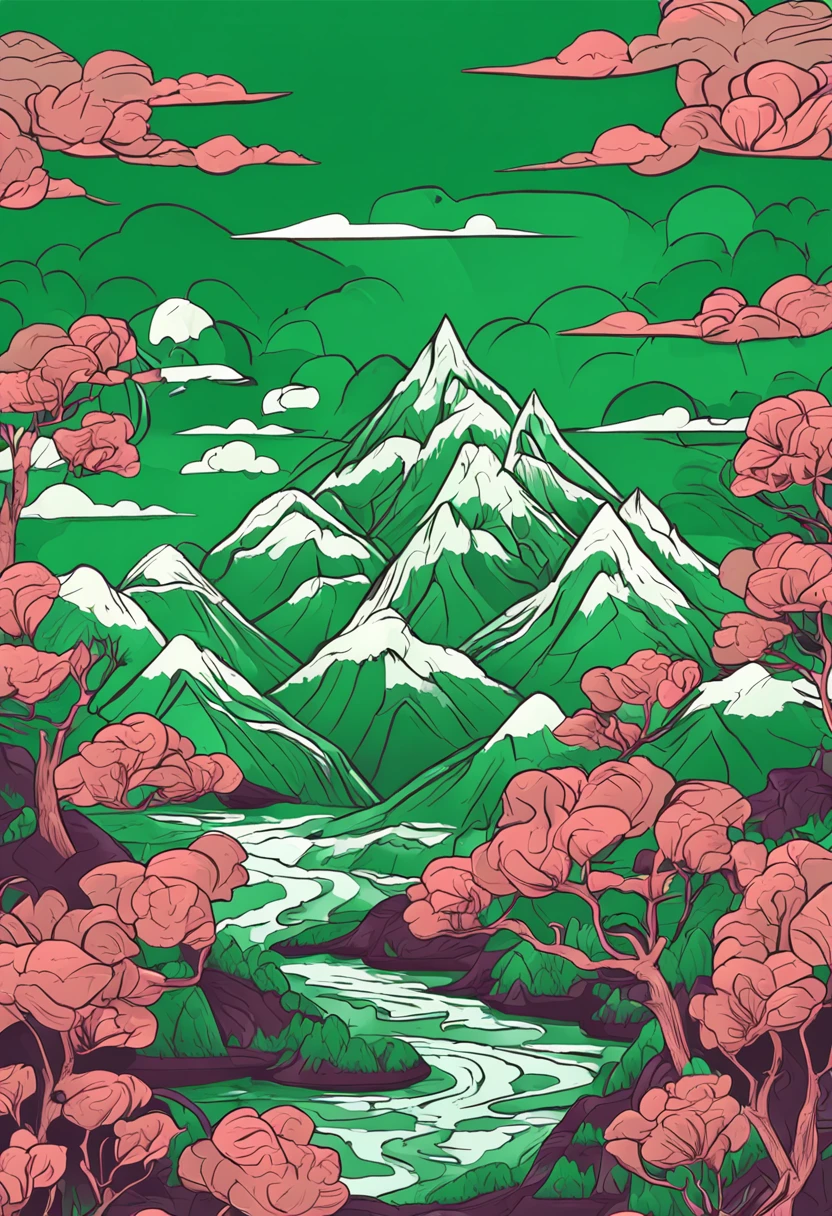 Green mountains like jade, mountains of green mountains, pine trees, clouds, paper cut wind