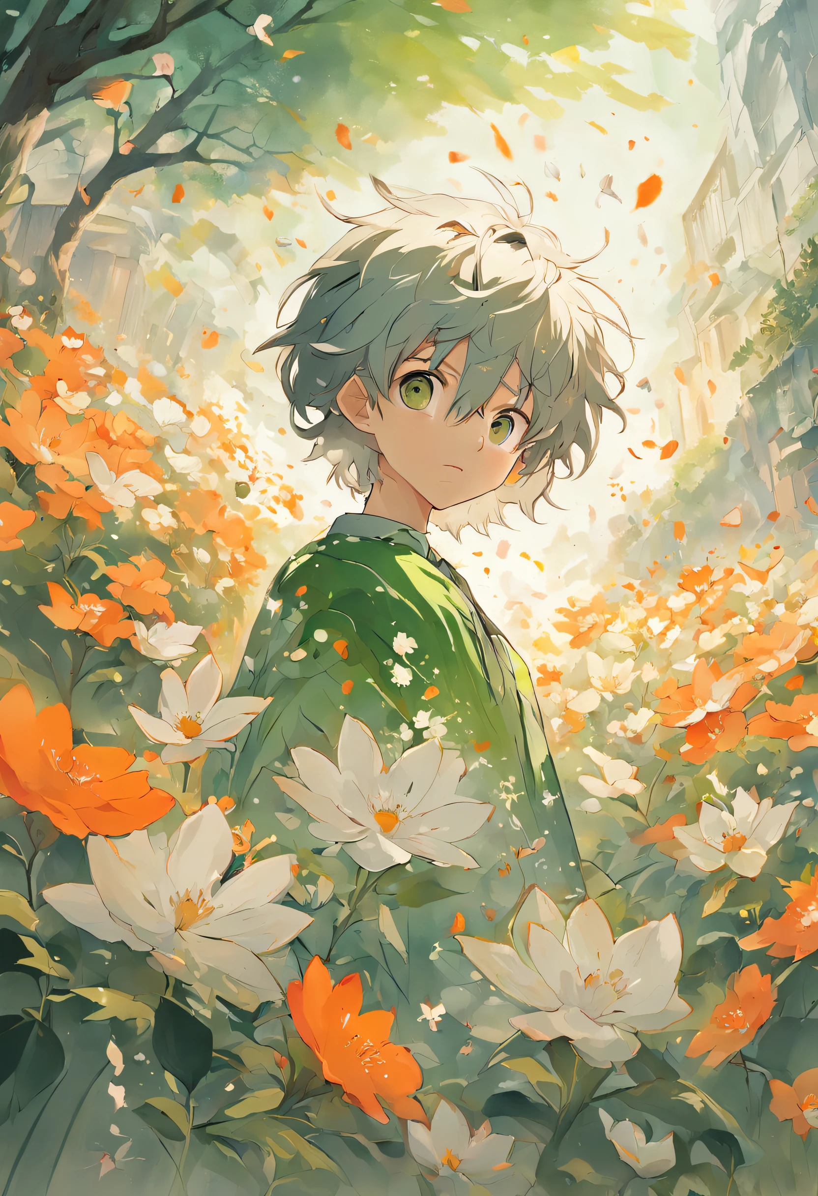Blooming flowers flutter in the wind，The boy in the flower，Light green and silver design，Pay attention to the texture of the skin and flowers，Sony FE 12-24mm F/2.8 gm，Impressionist garden，Proficient in calligraphy，eco-friendly craftsmanship，Brush stroke exploration