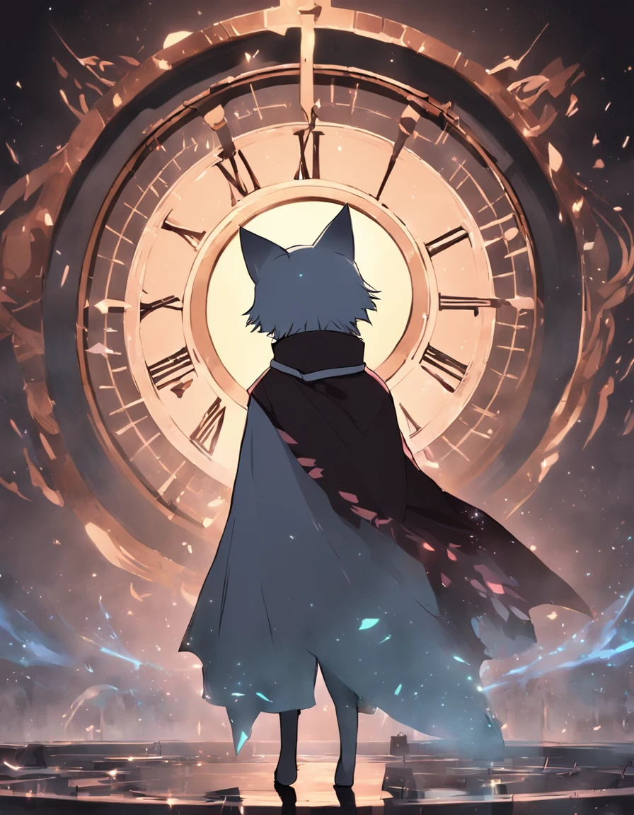 Anime scene of a cat in a cape standing in front of a clock, dreamy psychedelic anime, in style of cytus and deemo, videogame screenshot, screenshot from guro anime, animation still screencap, video game screenshot, cutscene footage, screenshot from the anime film, game screenshot, cinematics, game screenshot, still from tv anime