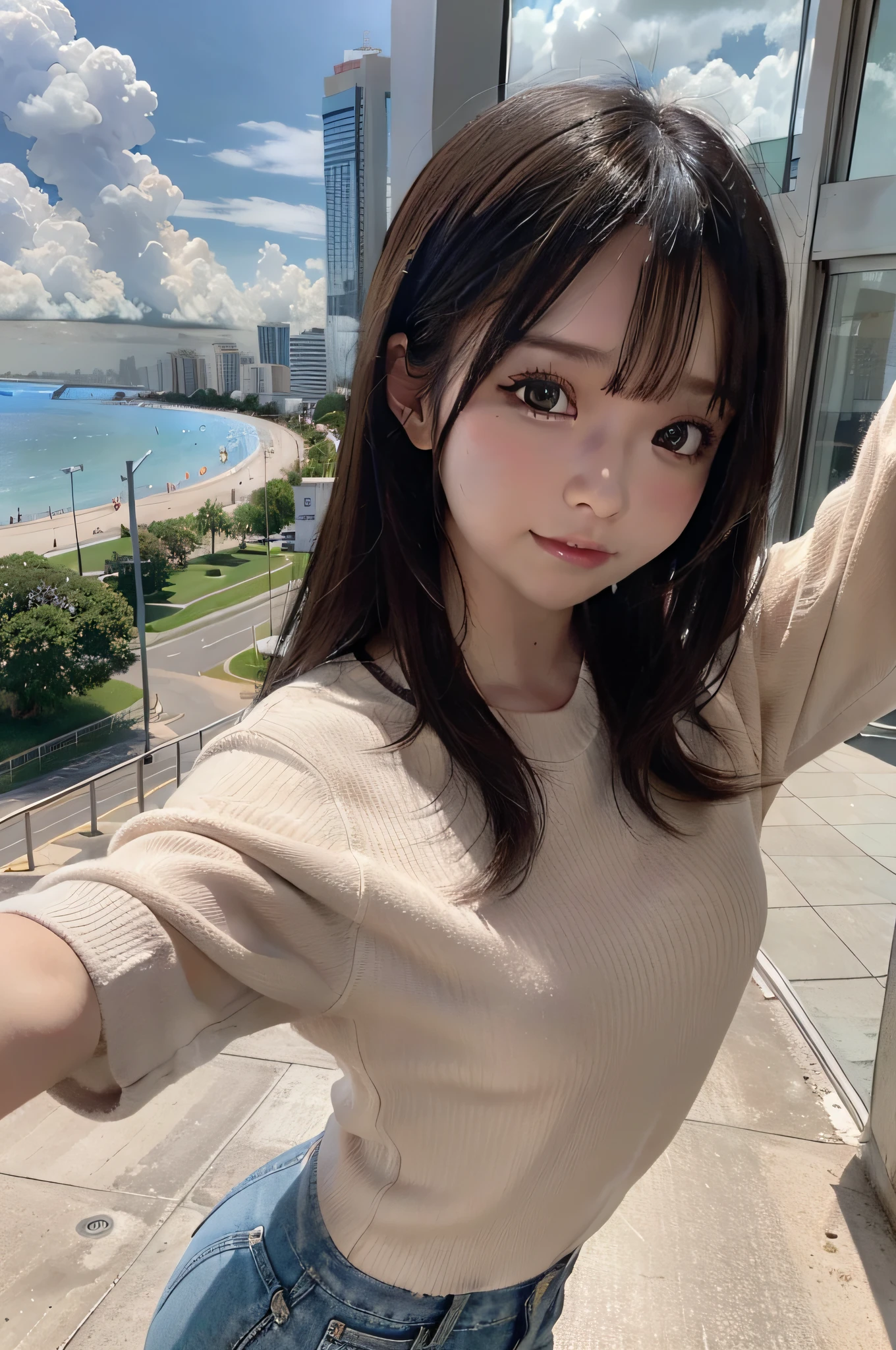 Giantess, Cabelo Castanho, Olhos Castanhos, Olhos detalhados, Double eyelidm, Frontal, Rosto Detalhado, Olhos Belos, uniforme escolar de mini-saia plissada, GTS cidade do ano 3333, City buildings, smoke billowing, nuvem, tornado, raios, Evil, realistic lighting, salto em altura, de baixo, aves voando