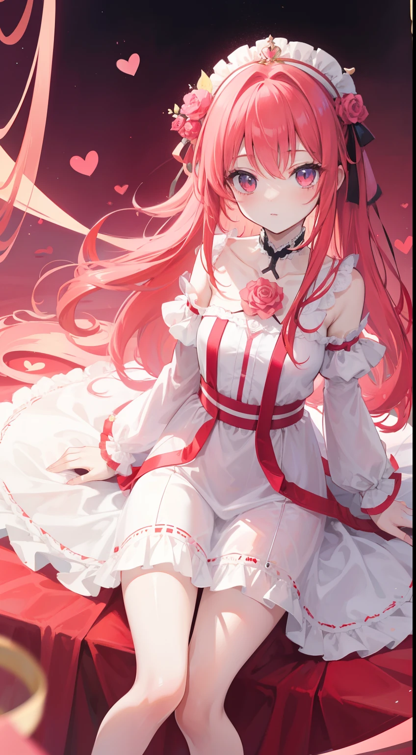 Rose red hair,A thin tunic of pure yellow,There is a peach-pink love heart decoration,Cute girl s,Pink dream background