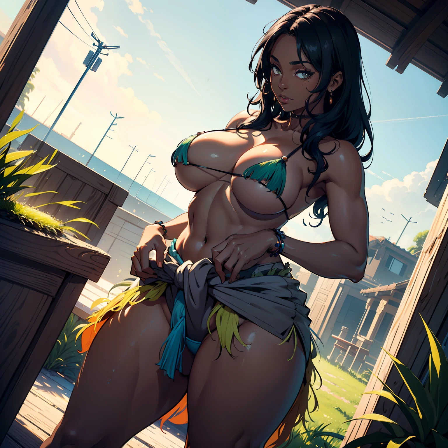 (high resolution, The pixels are perfect, luxurious illustration), (hyper qualit, Masterpiece, Ethereal: 1.4),(Solo:1.4),Let her，A woman，A dance with a strong sexual meaning，Realistis，((Twist your ass ))， ((No bra))，(((nacked hip)))，wetted skin， the wallpaper，full bodyesbian，Carmelto,spilled milk,(((Only a grass skirt around the waist)))，Carmelto，a mature female，Black areola，female public hair，Armpit hairy，(((A MILF: 1.4))), (Curvy:1.35),((((Dark skin))))，long whitr hair，Curvy physique, Fitness model, Thick body,((Sexual suggestiveness))，