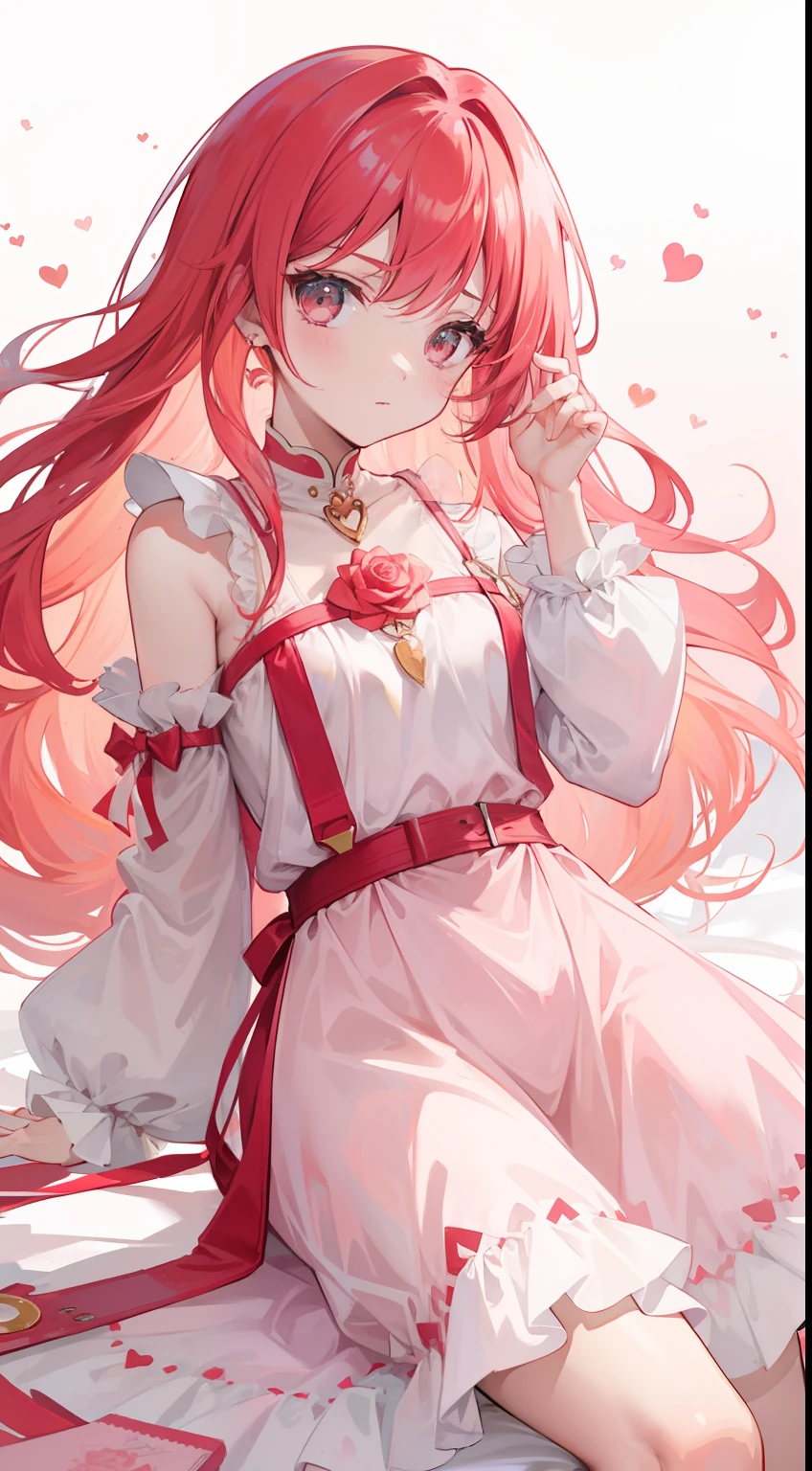 Rose red hair,A thin tunic of pure yellow,There is a peach-pink love heart decoration,Cute little girl s,Pink dream background