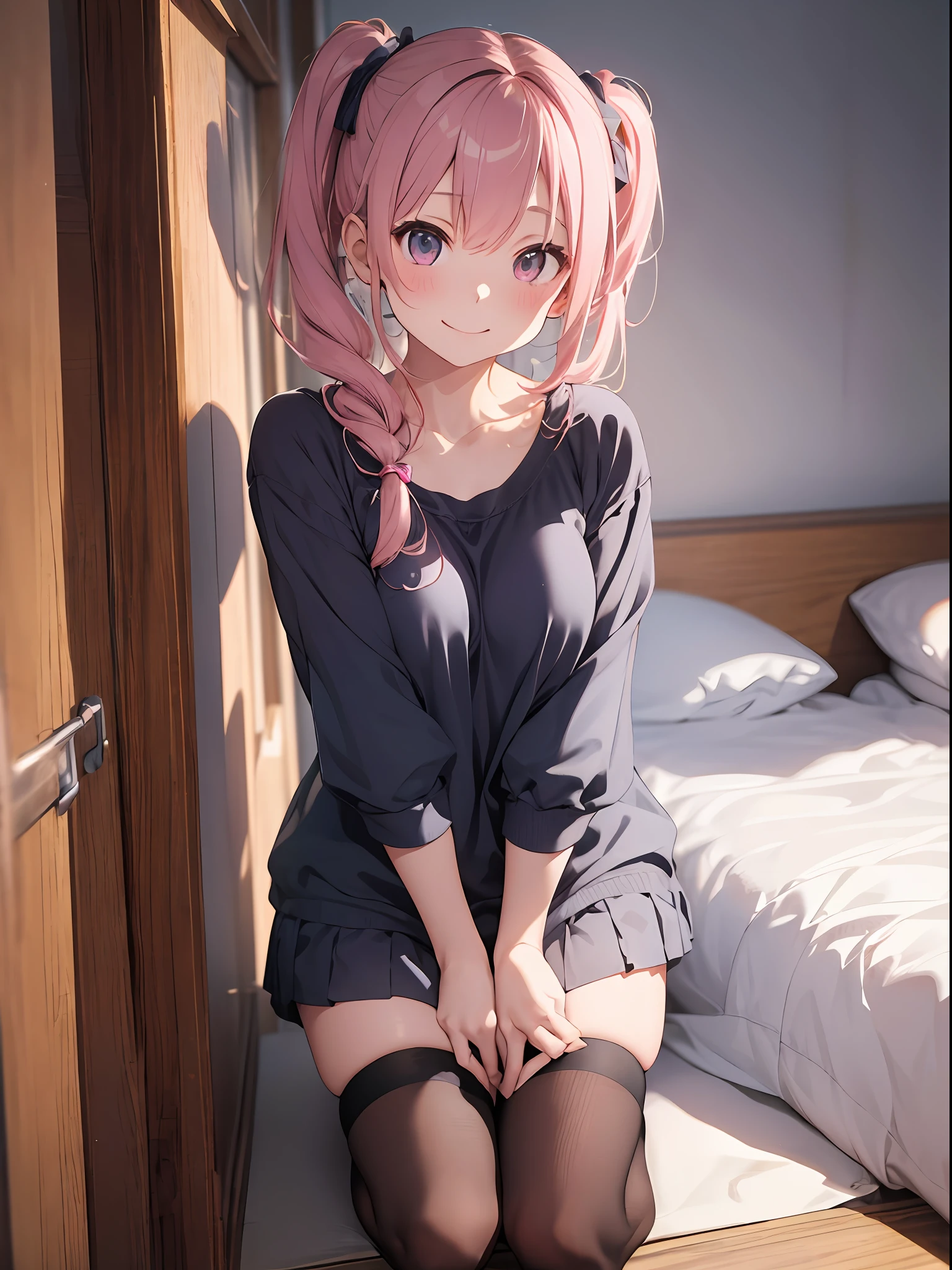 15-year-old girl, ((School uniform of Y-shirt, string ribbon, and pastel colored miniskirt、clothes are exposed、sexy bra and underwear))、(Light pink hair color、Red inner color hairstyle、Hair expressed with a delicate touch), Beautiful Hair, Facial Contour, Remember, ,Hotel, splash, Lens flare、night,illumination、Natural Color, High resolution, Very delicate, Very detailed, 8k,Lying in bed、(Breast size around B cup)、Shyness,((Sexual)),((Sexy feeling)),Angle from the feet、The expression and posture of the moment when a man embraces you for the first time, feeling both embarrassed and expectant.