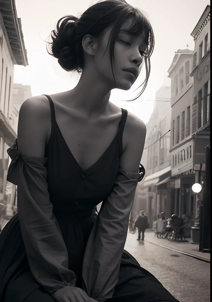 Ultra-high quality photos, RAW photo, beautiful detailed face and eyes, (photorealistic:1.4), best quality, highres, realistic, 16k, caustics, Core shadow, dynamic light, beautiful and delicate lips, delicate fingers, detailed pupil, real human skin, (Extremely detailed), RAW photo, nsfw, panty shot, sitting woman, 25 yo, (bangs hair:1.2), faint lips, cowboy shot, from below , (high contrast hair, half updo hair:1.36), water eye,
(freckles, mole:0.2), (skin spots, acnes, skin blemishes, age spot, lanugo, pimple, blood spot, dirty,:0.2)
(in the in main street:1.3), her peaceful expression and gentle breathing create a calming atmosphere