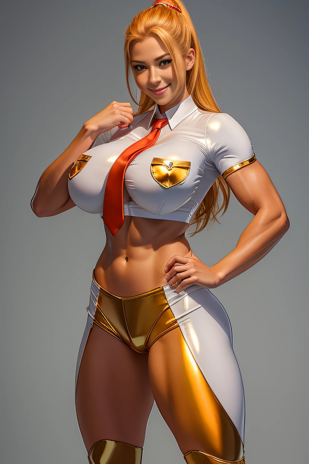 Anatomically correct five fingers、Colossal tits、White shiny shirt、Fitness Model、musculature、Metallic shiny clothes、breasts pocket、Class Chapters、neck tie、hatting、Cool smile、glistning skin